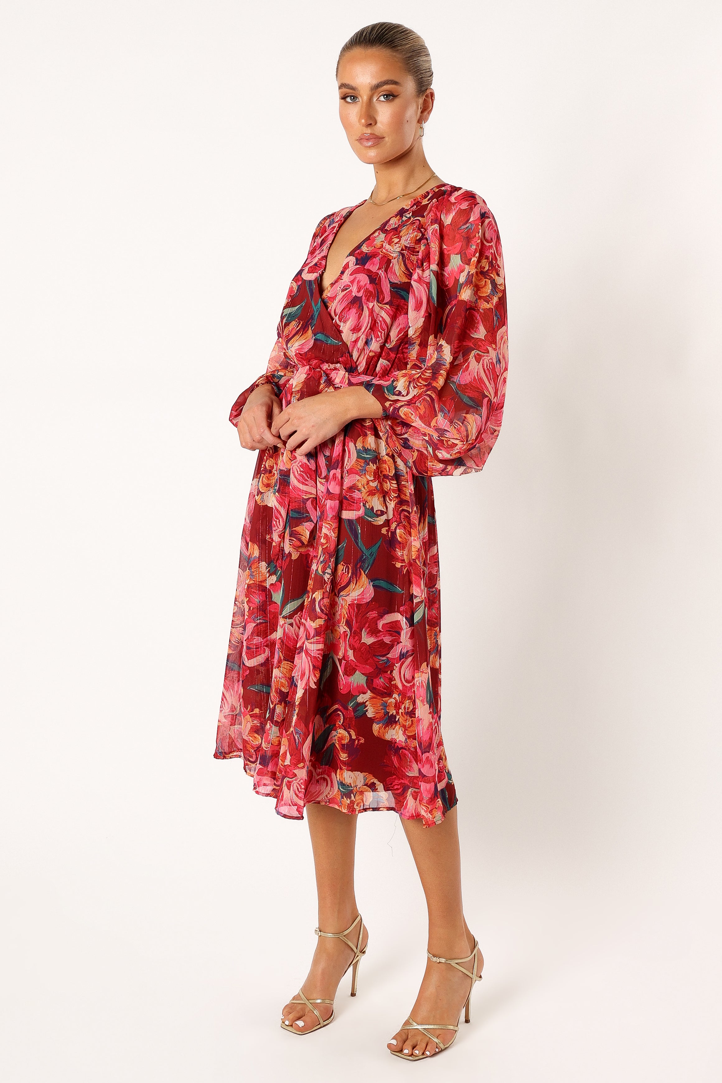 Goldie Long Sleeve Midi Dress - Red Floral Print Women's Casual Dress for Spring/Summer, Perfect for Office, Date Night & Special Occasions