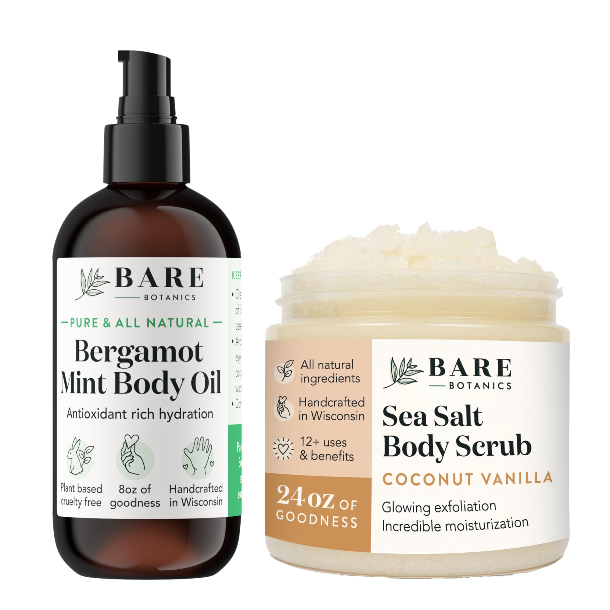 Bare Botanics Bergamot Mint Body Oil & Coconut Vanilla Body Salt Scrub Set - Custom Formulated for Hydration & Exfoliation - Perfect for Spa Day, Self Care & Gift Giving