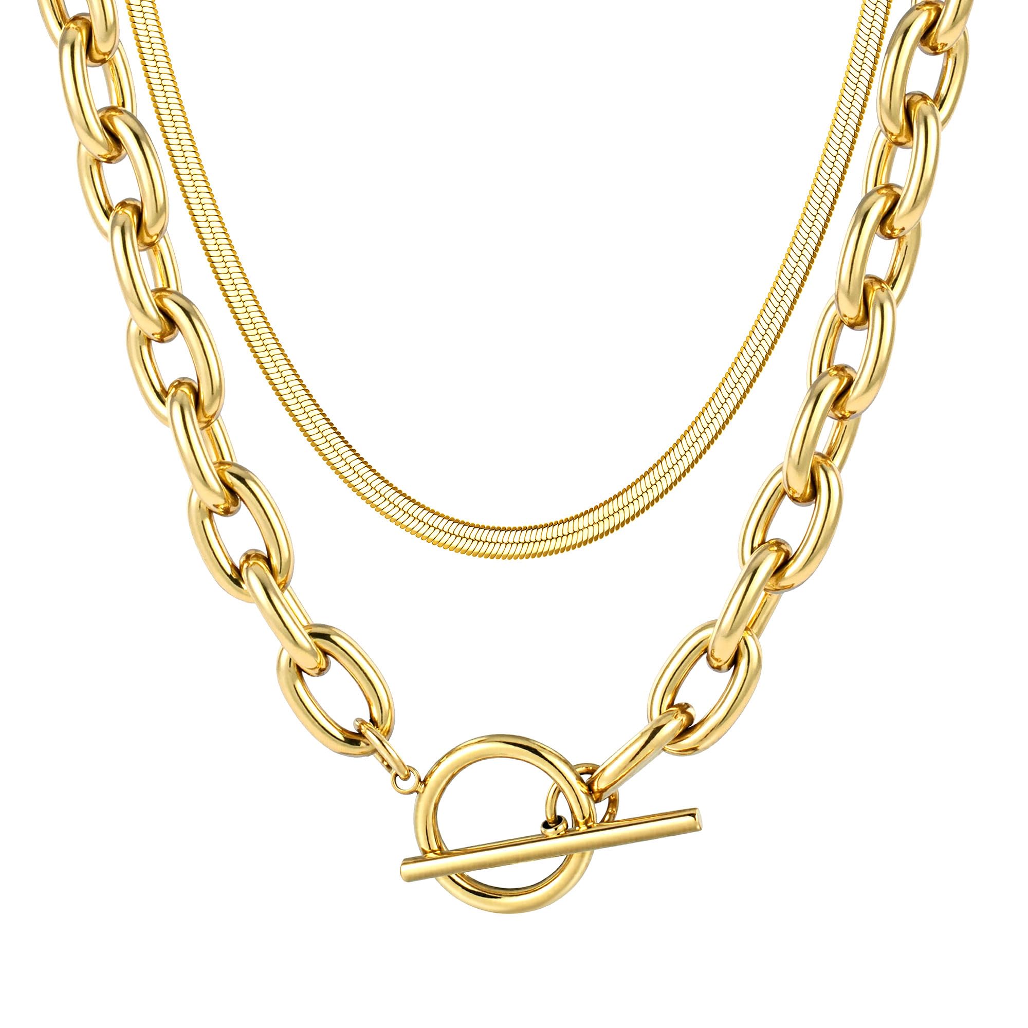 18K Chunky Gold Necklace for Women & Men - Sweatproof & Non-Tarnish Layered Chain Necklace - Thick Herringbone Paperclip Necklace Stack - Perfect for Layering, Everyday Wear & Special Occasions