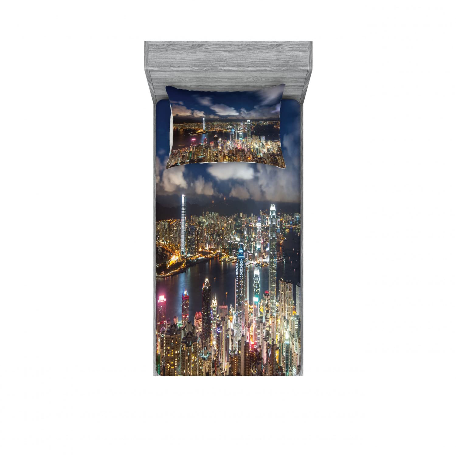 Ambesonne Scenery 2-Pack Twin Size Fitted Sheet & Pillow Sham Set - Hong Kong Night View Navy White Bedding Decor (4-Piece Set) for Modern Bedrooms, Guest Rooms, and Dorm Decorations