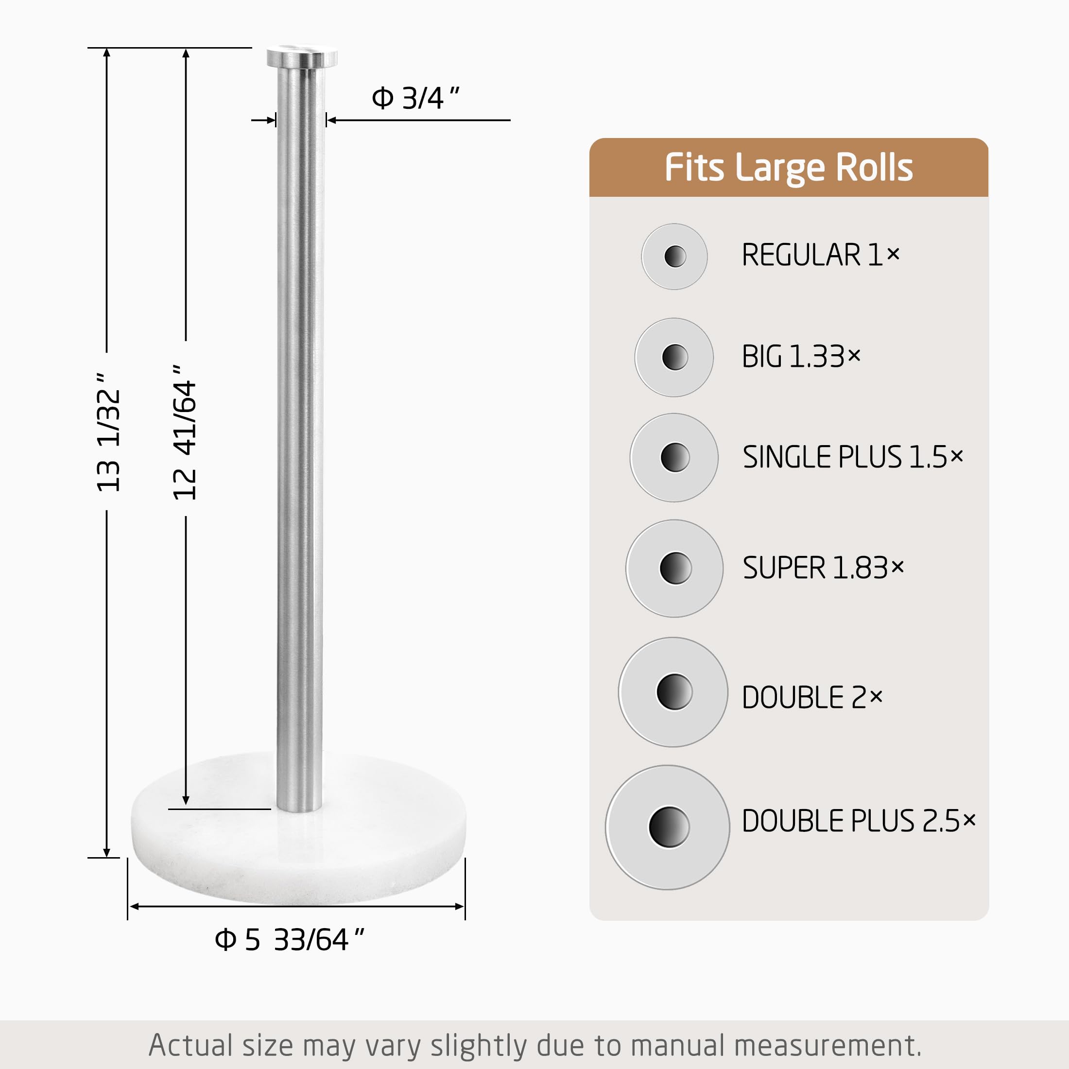 Premium KES Countertop Paper Towel Holder - Sturdy SUS304 Stainless Steel with Natural Marble Base for Standard/Jumbo Rolls (Brushed Finish) - Ideal for Kitchen, Bathroom, Office & Restaurant Use - Model KPH100S14B-2