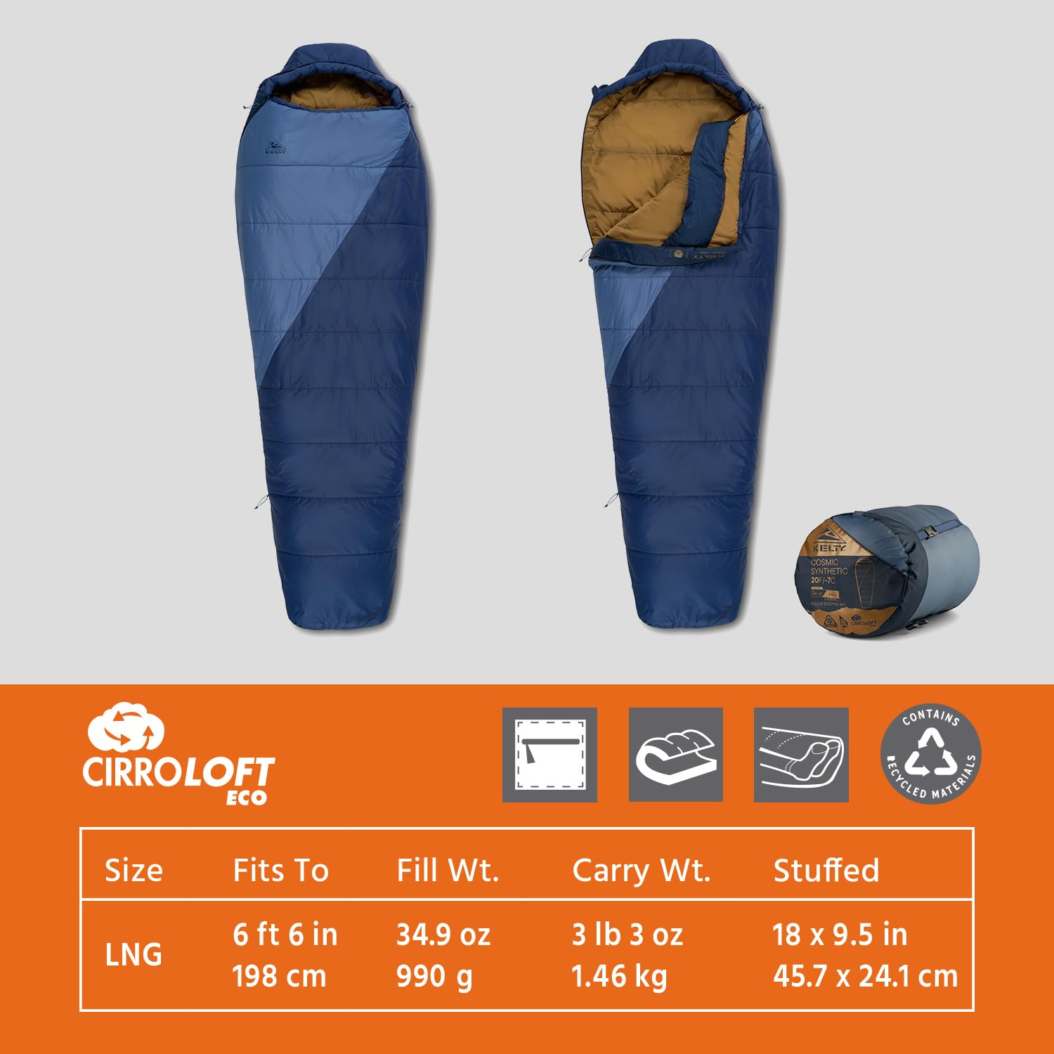 Kelty Cosmic Synthetic Fill 20 Degree Backpacking Sleeping Bag – Lightweight, Water-Resistant, Compression Straps & Stuff Sack Included – Perfect for Camping, Hiking & Outdoor Adventures