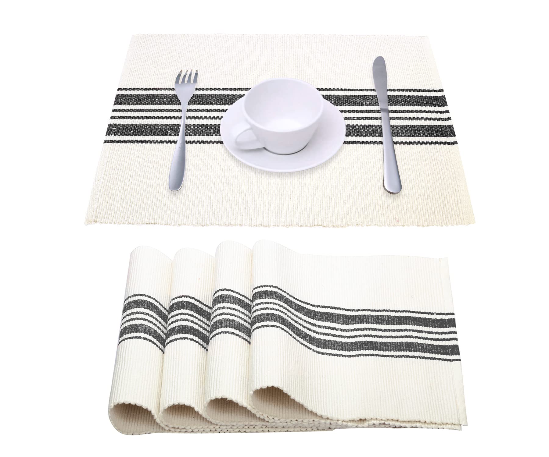 Farmhouse Cotton and Linen Placemats Set of 4 - 13x18 Inch Navy & Cream Striped Table Mats for Kitchen Dining Room - Washable Rustic Table Decor for Farmhouse, Cottage & Modern Homes