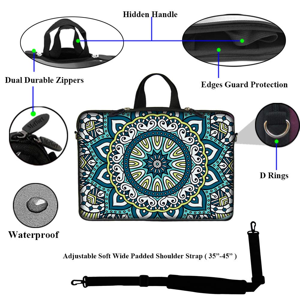 Meffort 15-15.6 Inch Neoprene Laptop Sleeve Case with Hidden Handle & Adjustable Shoulder Strap - Mandala Pattern for MacBook, Dell, HP - Perfect for Work, Travel & School