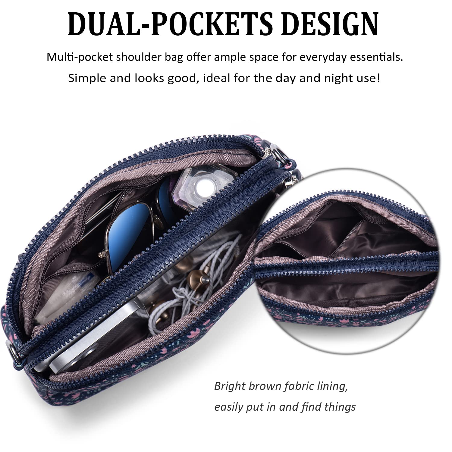 Yigorie Women's Crossbody Bag with Adjustable Short & Long Straps - Multi-Pocket Nylon Small Shoulder Purse (Blue with Pink Flowers) for Casual Outings, Travel & Everyday Use