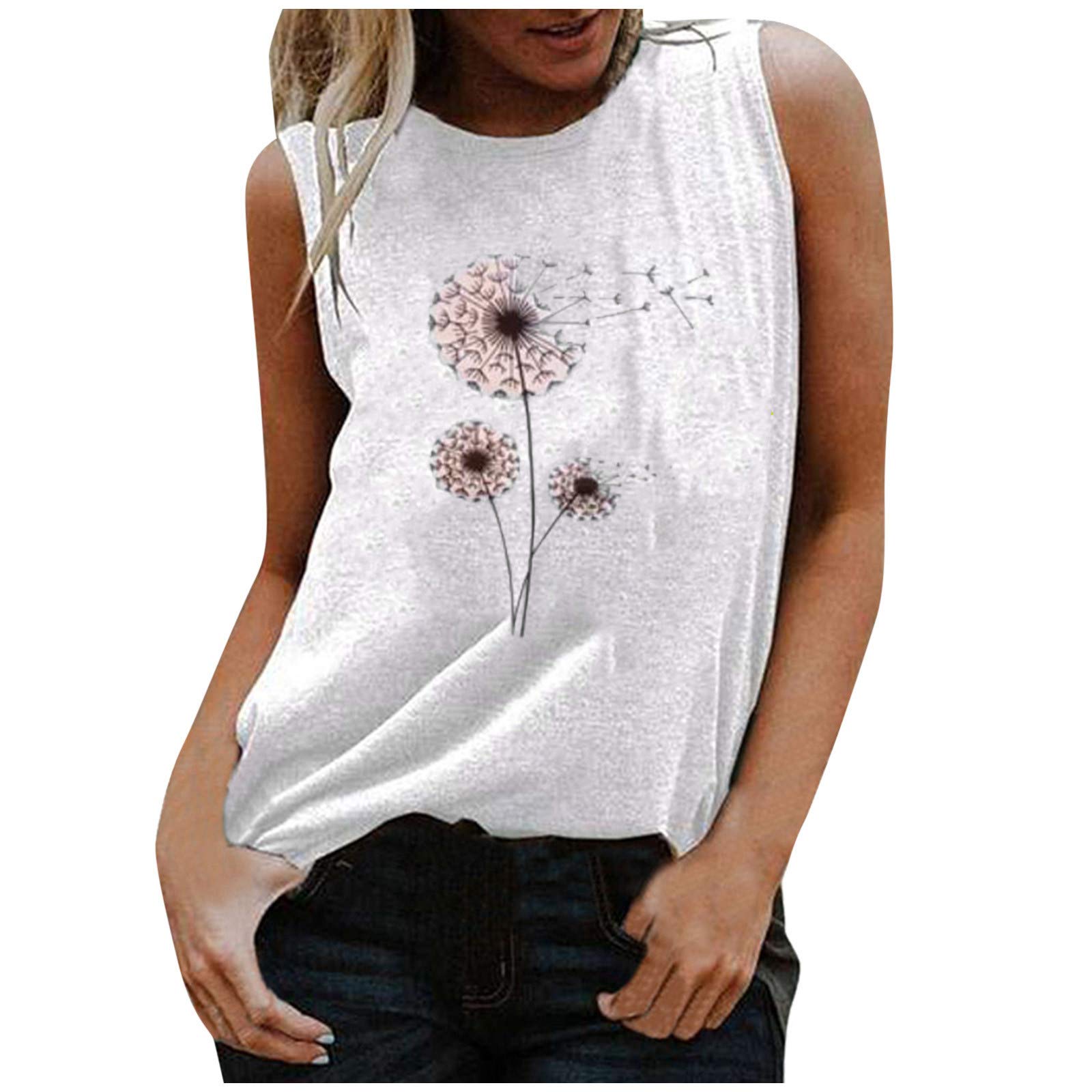 Women's Dandelion Graphic Print Tank Top - Sleeveless Crewneck Tunic Shirt for Summer, Casual White Tee | Perfect for Beach Outings, Yoga & Everyday Wear