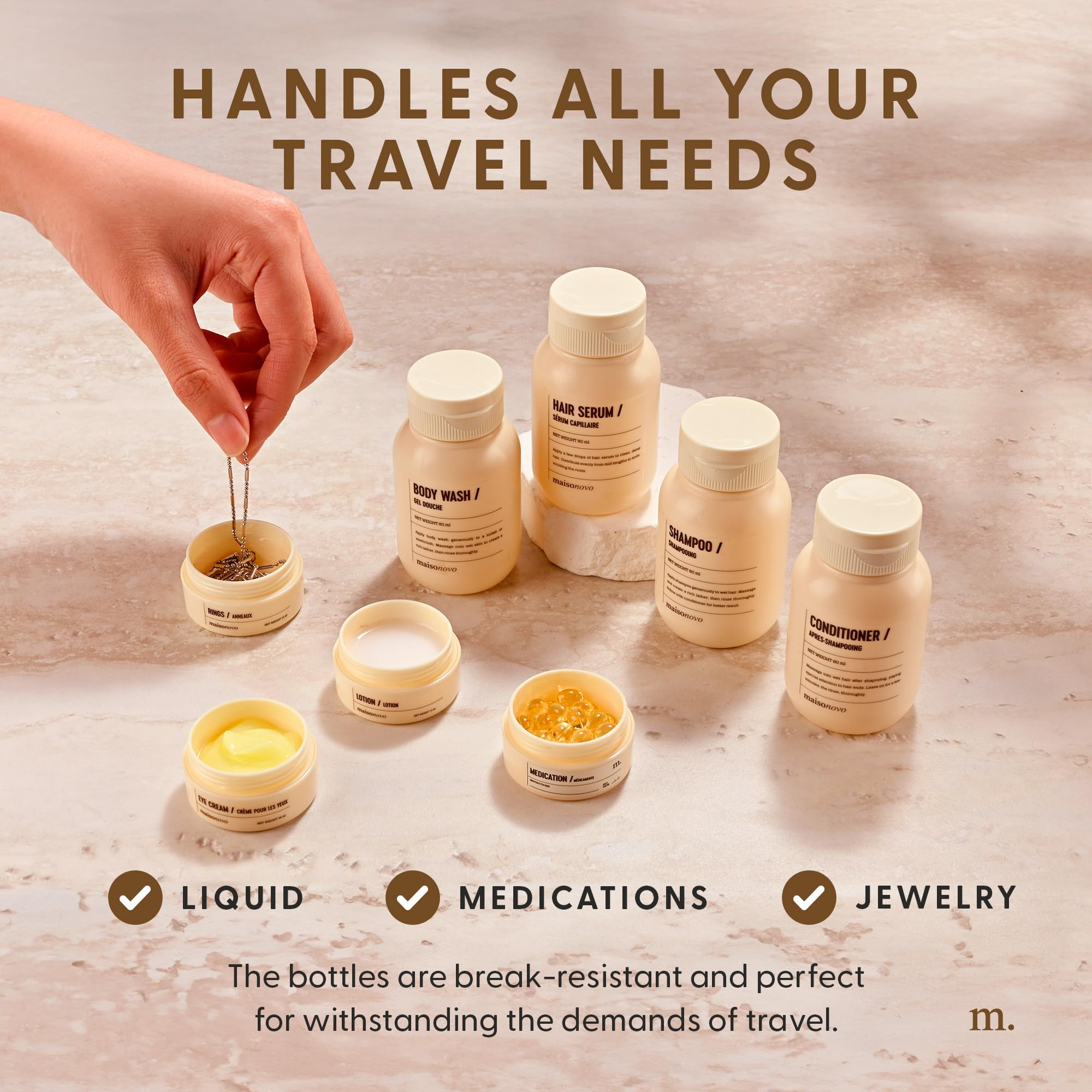 MAISONOVO TSA Approved Travel Bottles for Toiletries - 4-Pack Leak Proof Refillable Containers with Waterproof Toiletry Bag | Perfect for Airplane Carry-On, Gym, Camping & Vacation Essentials