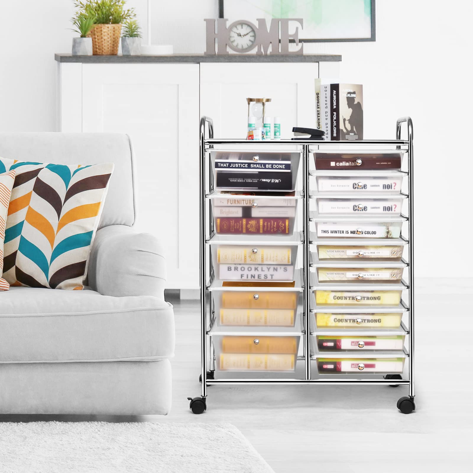 HOMGX 15-Drawer Rolling Storage Cart - Clear Plastic Organizer Trolley with Wheels for Office, School, Craft Room & Home Organization - Perfect for Files, Art Supplies, Tools & Stationery Storage