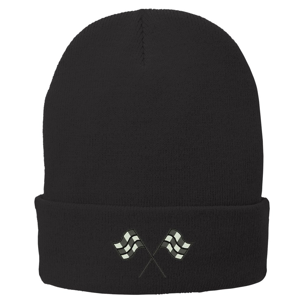 Trendy Racing Flag Embroidered Winter Beanie Hat for Men & Women - Warm Folded Long Knit Skull Cap for Cold Weather, Outdoor Sports & Casual Wear