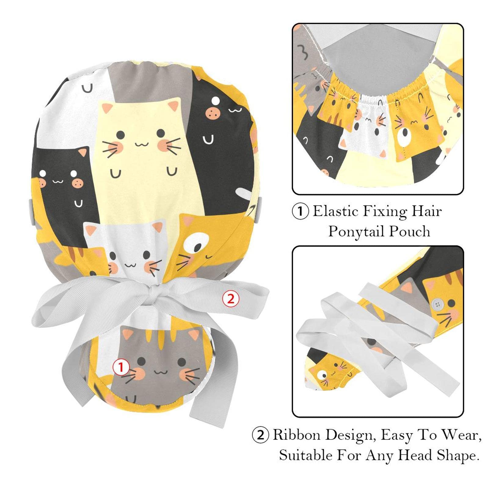Stylish Cartoon Cat Scrub Hats for Women & Men - 2 Pack Long Hair Surgical Caps with Button & Sweatband - Comfortable Unisex Tie Back Working Hats for Nurses, Doctors & Healthcare Professionals