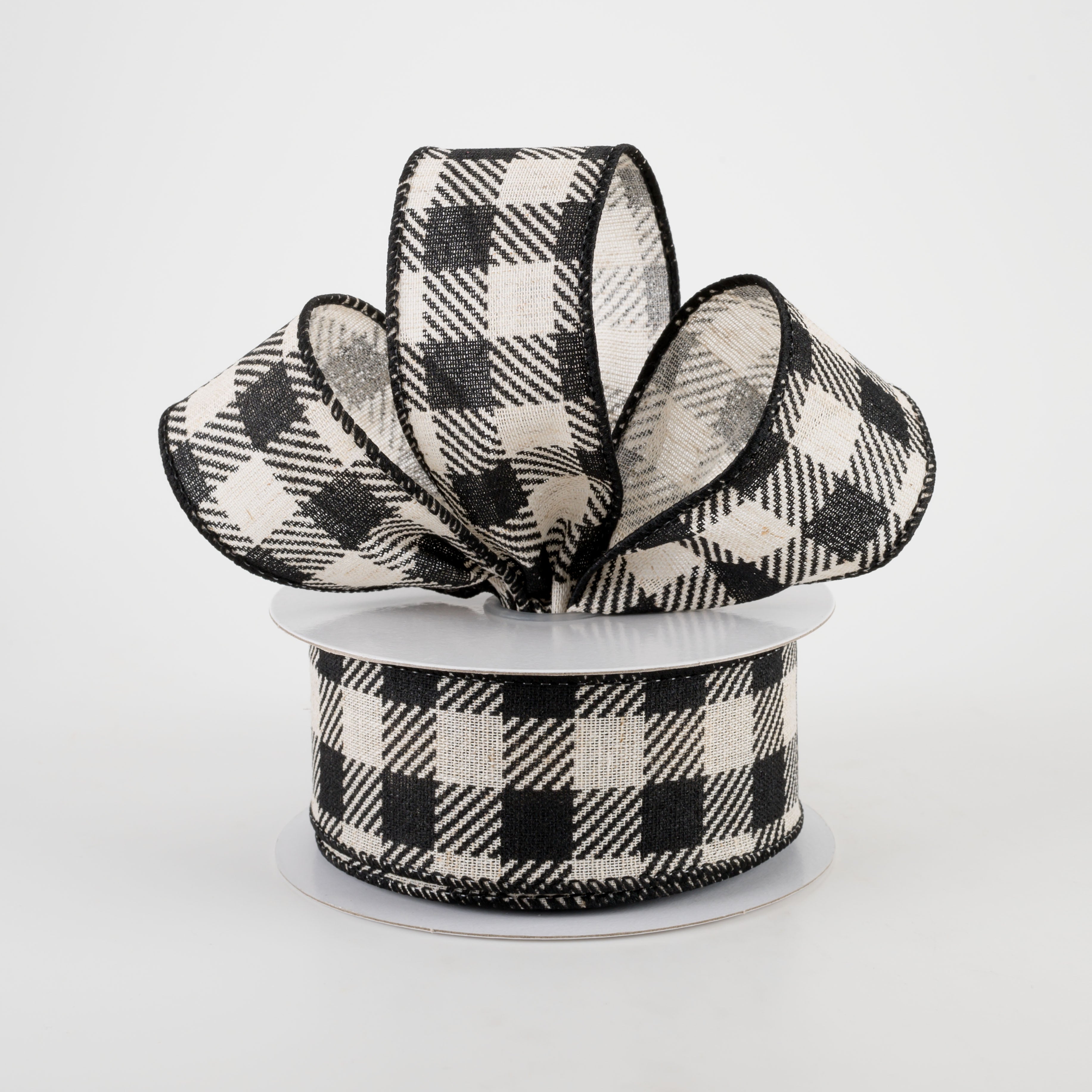 1.5 Inch Cream Canvas Black Buffalo Plaid Ribbon - 10 Yards Bulk Roll for Gift Wrapping, DIY Crafts, Holiday Decorations and Scrapbooking