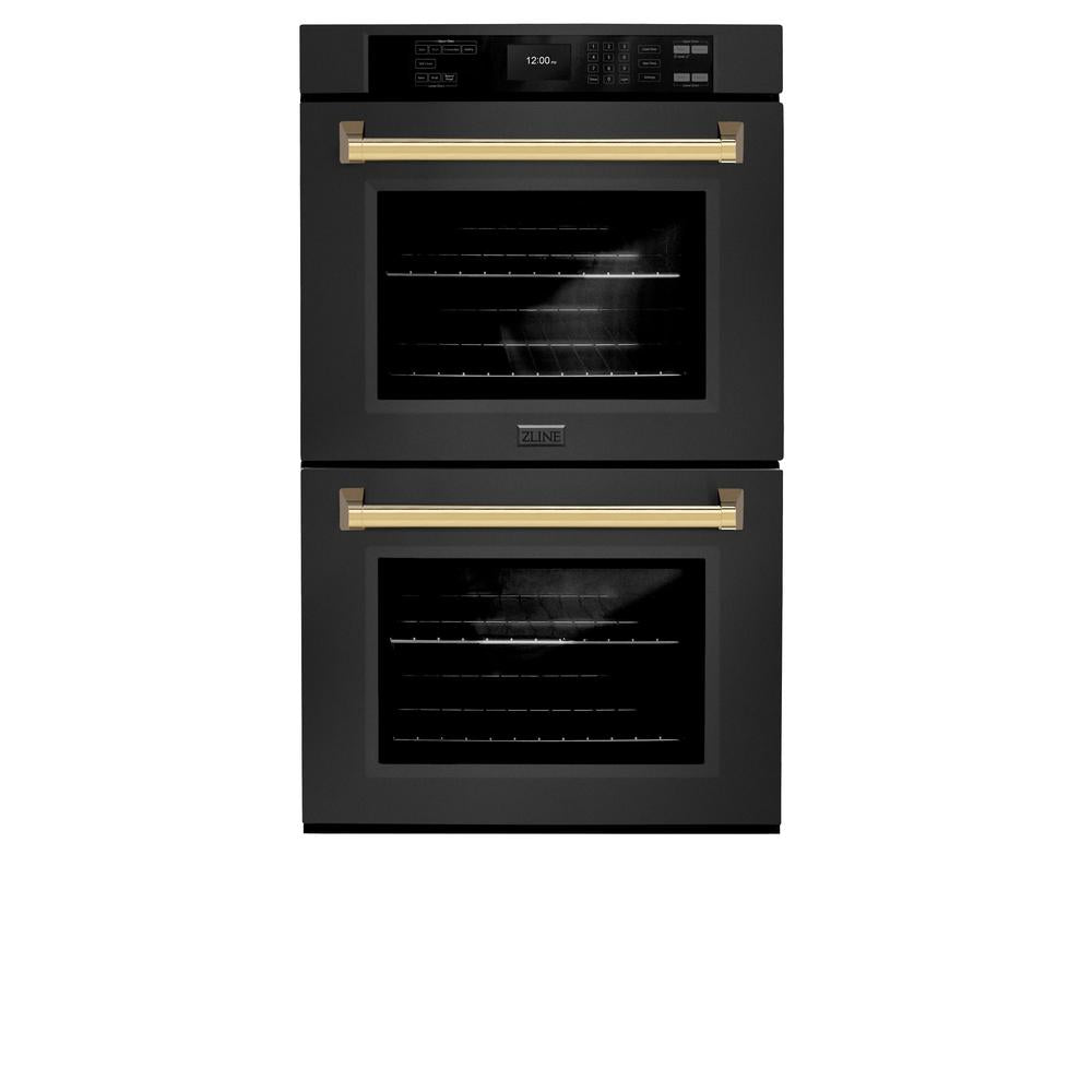 ZLINE Autograph Edition 30 Inch Black Stainless Steel Double Wall Oven with Air Fry & Self Clean - Professional True Convection Oven with Polished Gold Handles (WADBZ 30 G) - Perfect for Home Chefs & Modern Kitchens