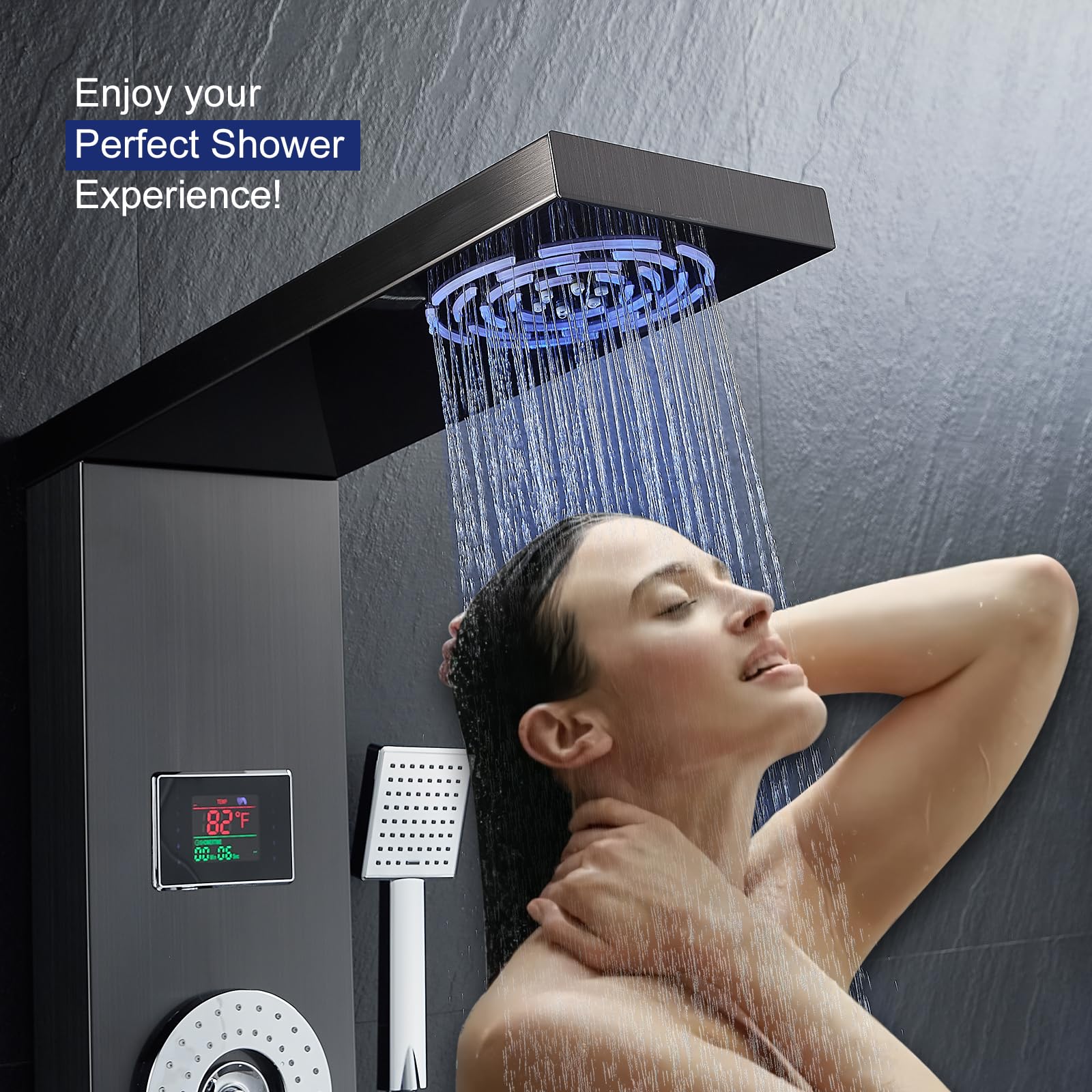 ROVATE 6-in-1 LED Shower Panel Tower System with Rainfall Shower Head, Body Jets, Handheld Spray & Digital Temperature Display - High Pressure Black Shower Column with Tub Spout for Luxury Bathroom Renovation & Spa Experience
