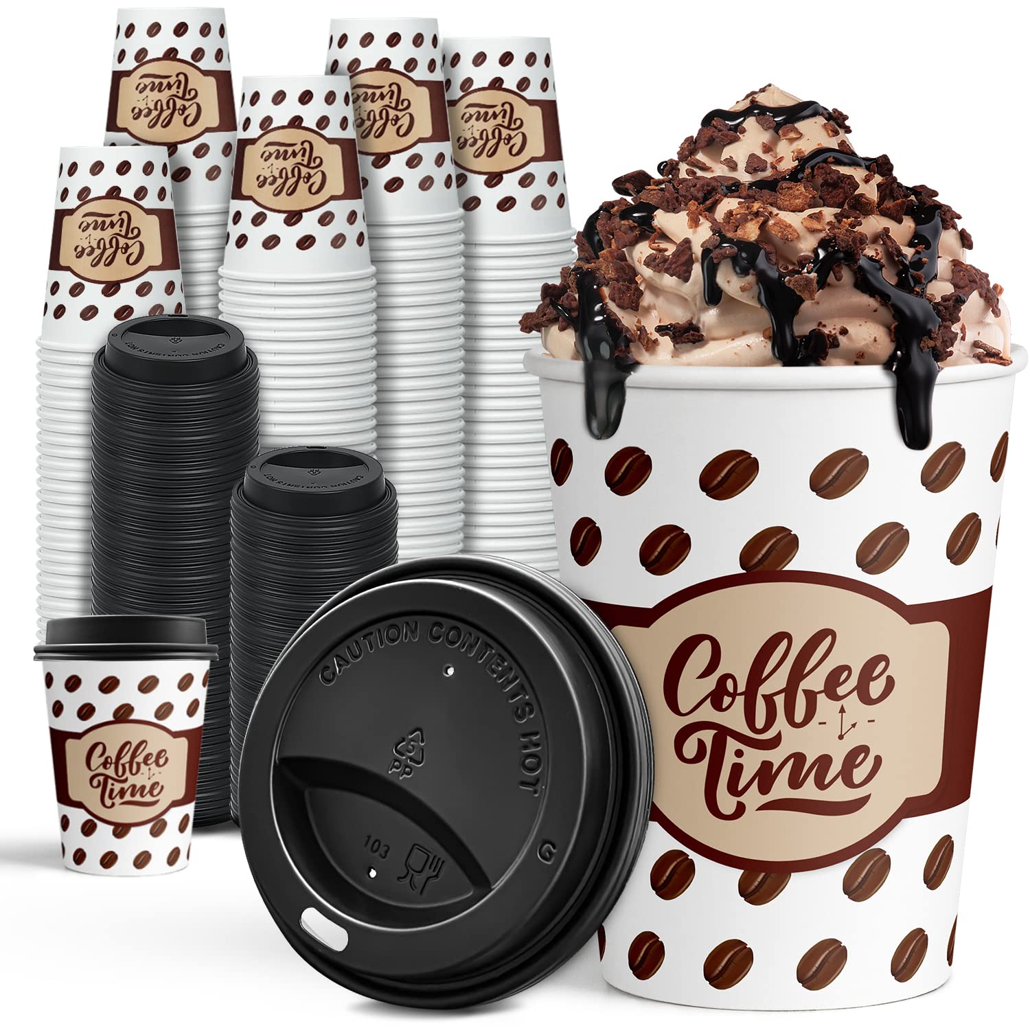 12 oz Disposable Ginkgo Coffee Cups with Lids - 100 Pack To-Go Cups for Hot Beverages, Cappuccino, Cocoa & Chocolate - Perfect for Coffee Shops, Office Break Rooms & Home Use