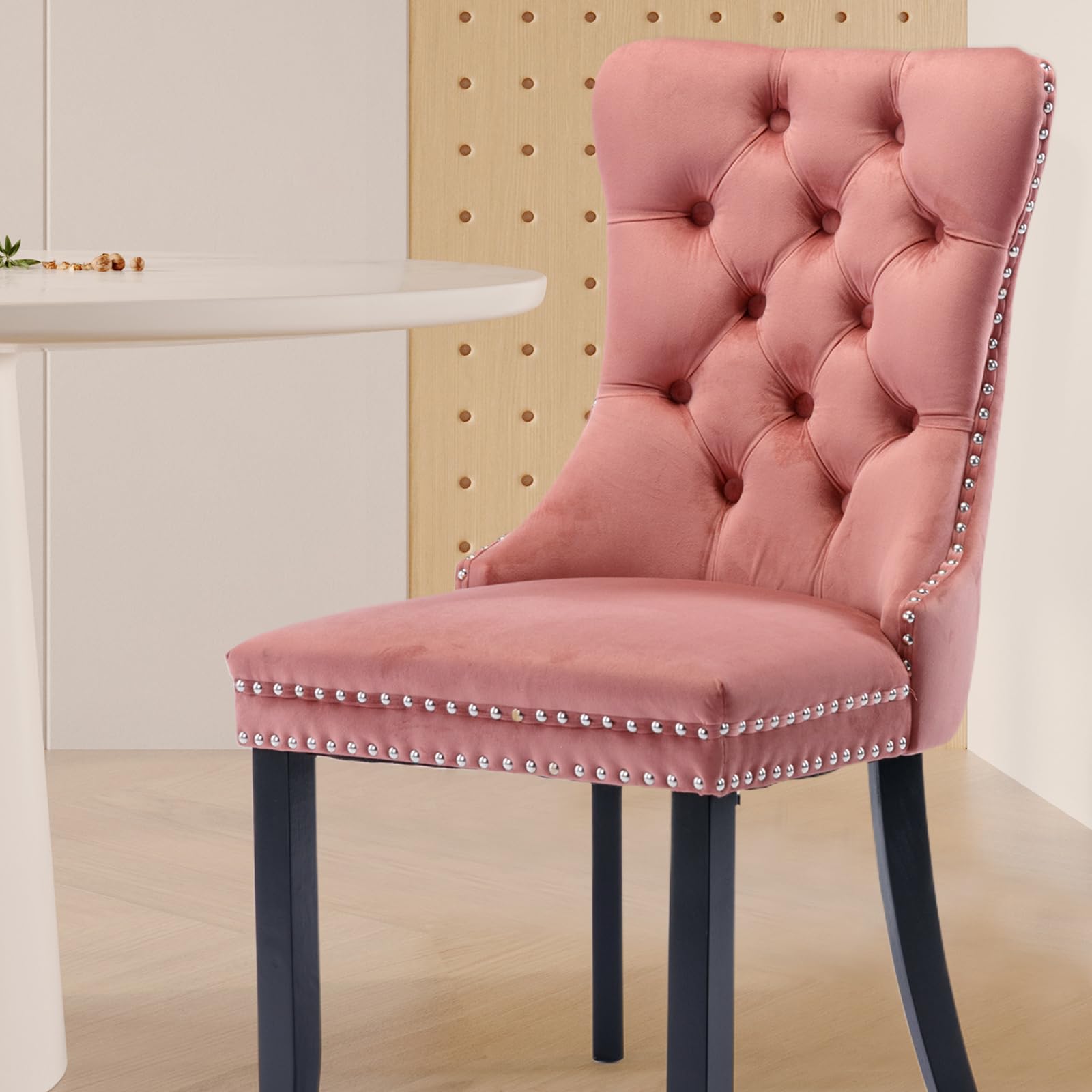 Luxury Velvet Upholstered Dining Chairs Set of 4 - Modern Kitchen Side Chairs with Nailhead Trim & Solid Wood Legs - Metal Pulling Ring for Dining Room, Living Room, Home Office - Soft Pink Velvet Seating (4-Piece Set) - Perfect for Modern Homes, Restaurants & Wedding Decor
