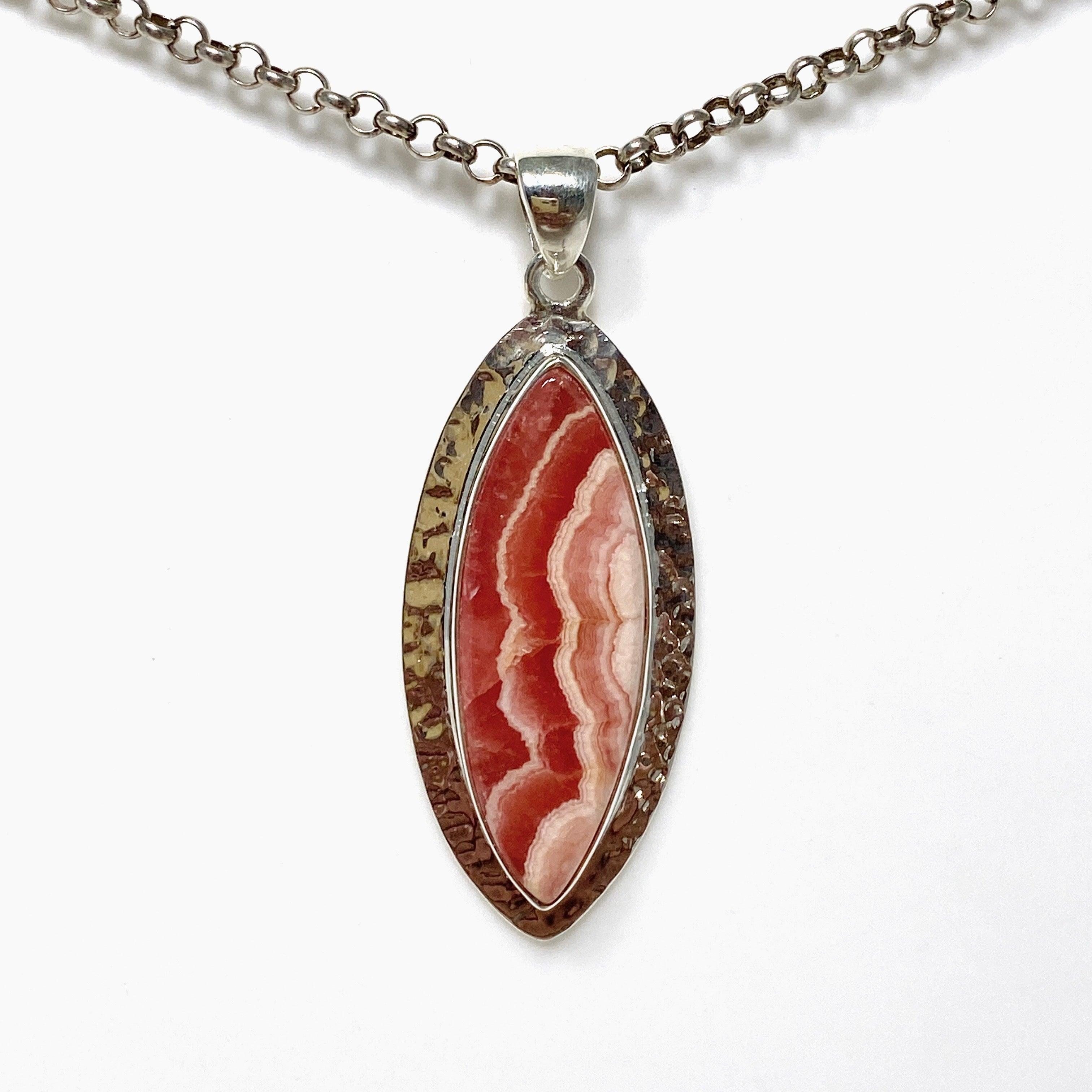 Rhodochrosite Marquise Pendant Necklace - Hammered Sterling Silver Setting KPGJ4331 | Elegant Jewelry Gift for Women, Perfect for Valentine's Day & Anniversary