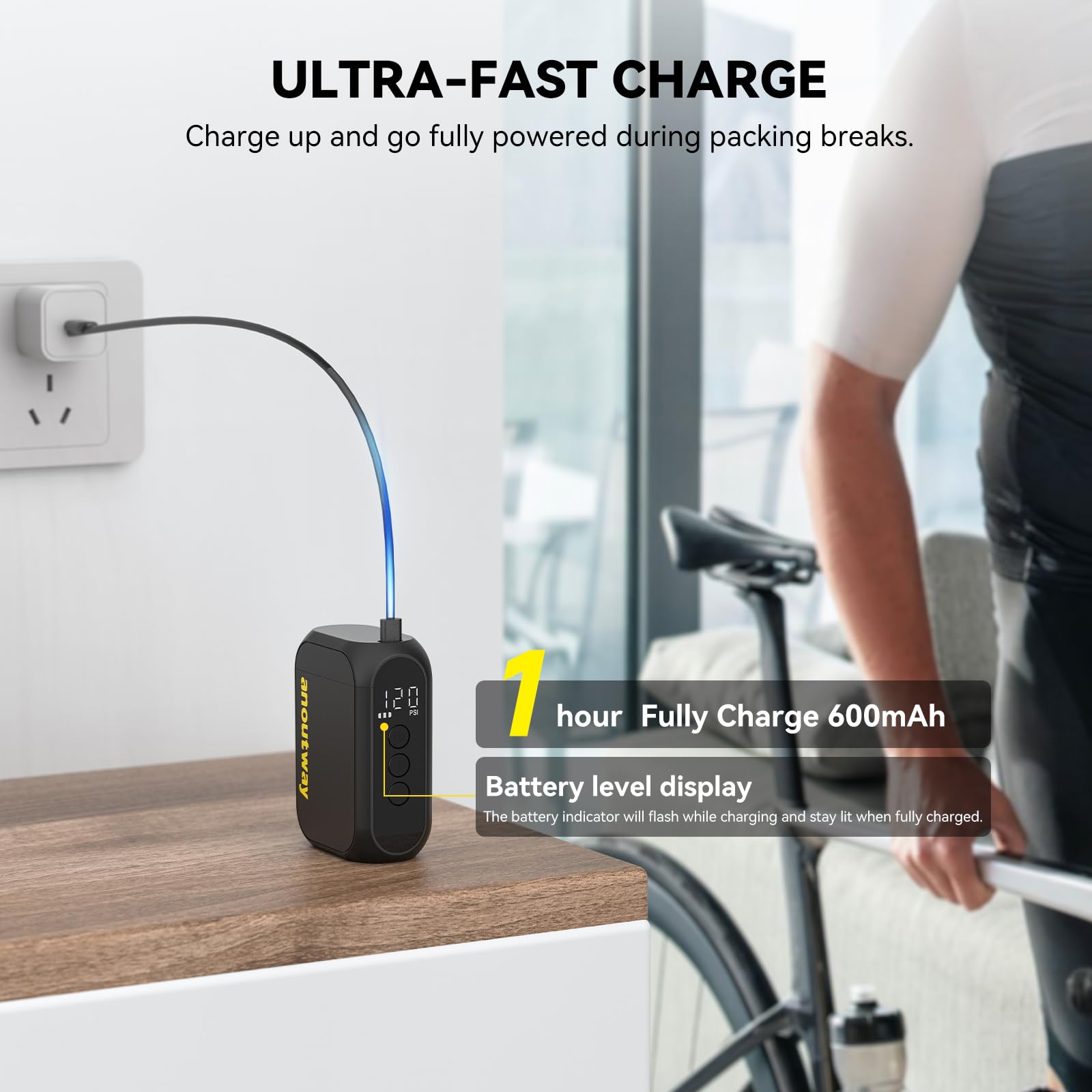 Rechargeable Electric Bike Pump 120 PSI - Mini Portable Tire Inflator with Auto Stop, Presta & Schrader Valve for E-Bike, Mountain, City & Road Bicycles - Perfect for On-the-Go Cycling & Emergency Tire Inflation