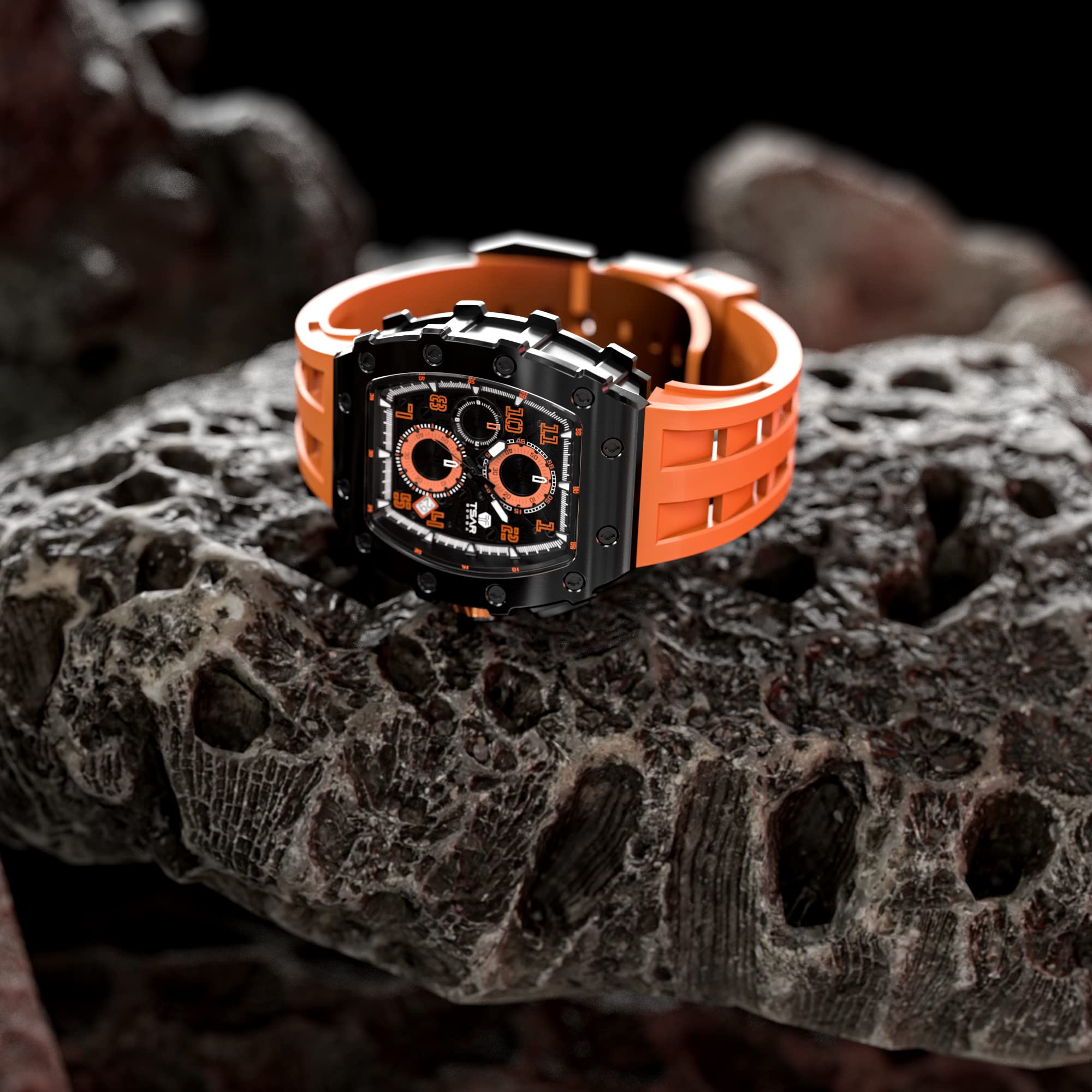 TSAR BOMBA Luxury Men's Watch - 50M Waterproof Tonneau Chronograph with Japanese Quartz Movement & Silicone Band - Perfect for Business, Casual Wear & Gifts for Men