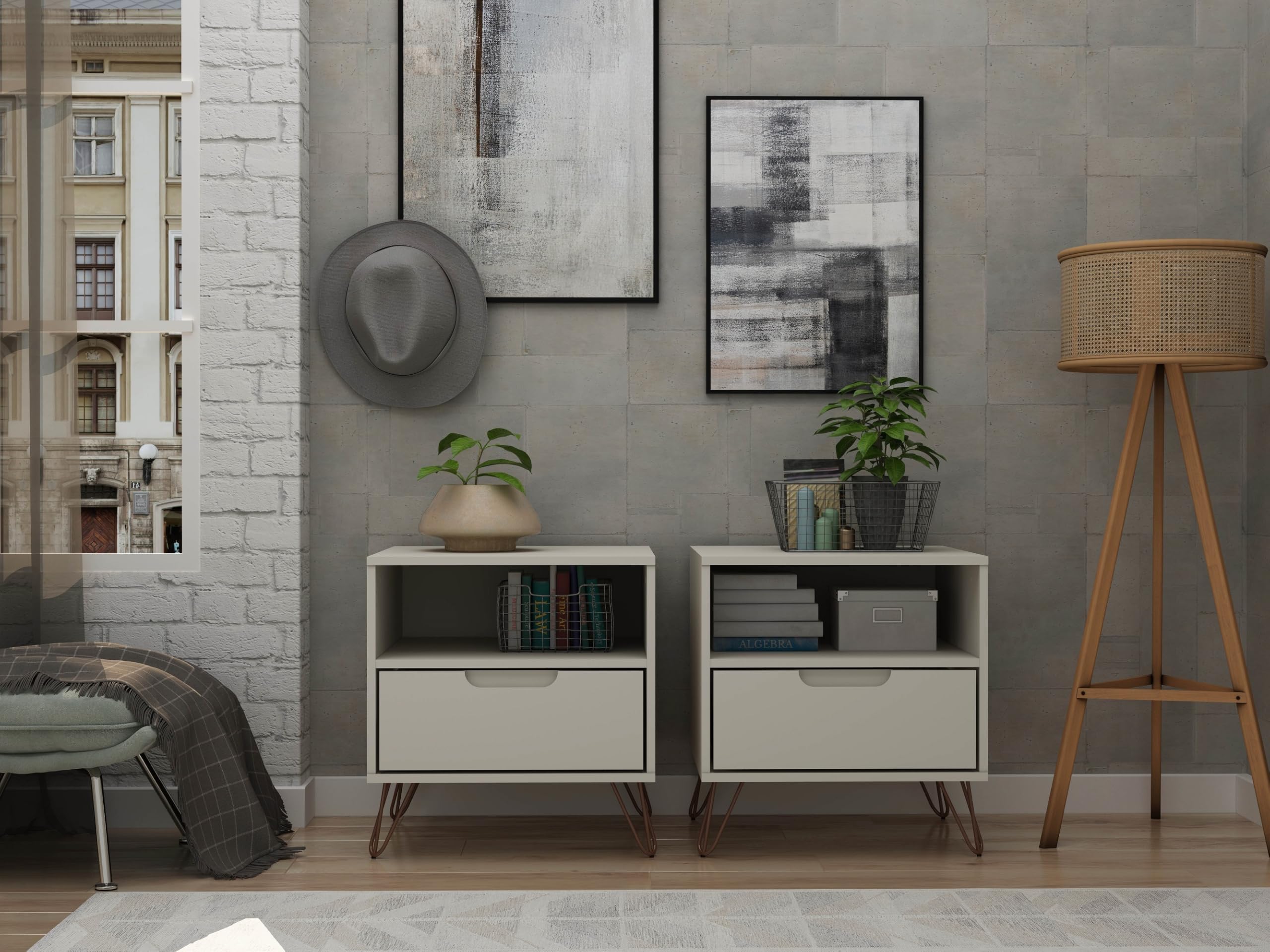 Mid Century Modern Nightstands Set of 2 with Drawer & Cubby - Functional Storage Organizer for Bedroom & Living Room - Off-White Bedside Tables - Perfect for Small Spaces, Guest Rooms & Apartment Decor