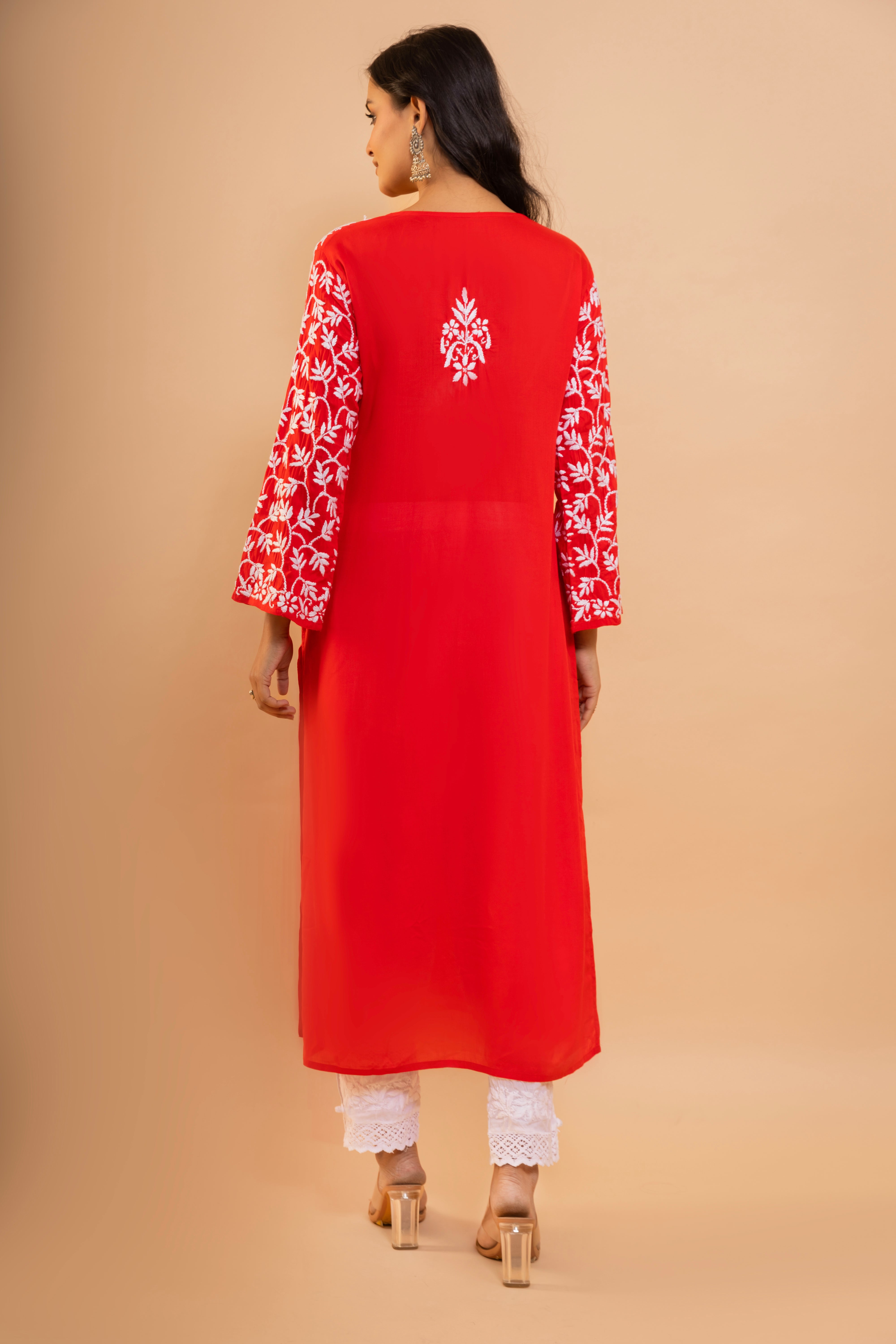 Stylish Radiant Red Chikankari Modal Cotton Kurta for Women | Comfortable & Breathable Indian Ethnic Wear | Perfect for Festivals, Weddings & Casual Outings