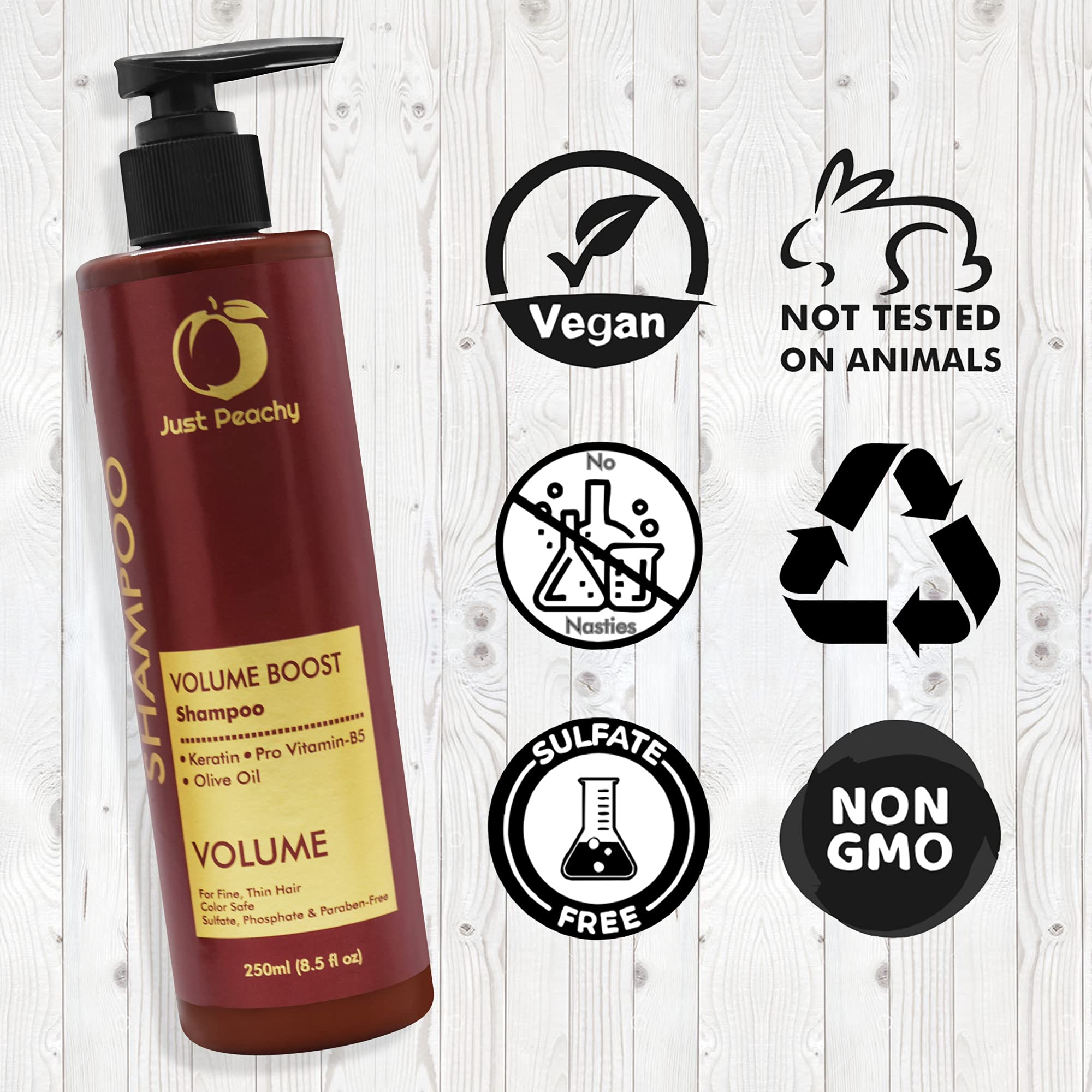 Just Peachy Volume Boost Shampoo with Keratin, Pro Vitamin B5 & Olive Oil - Color Safe for Fine & Thin Hair | Sulfate, Paraben & Phosphate Free | 100% Vegan (250ml) | Adds Volume & Shine for Daily Styling & Special Occasions