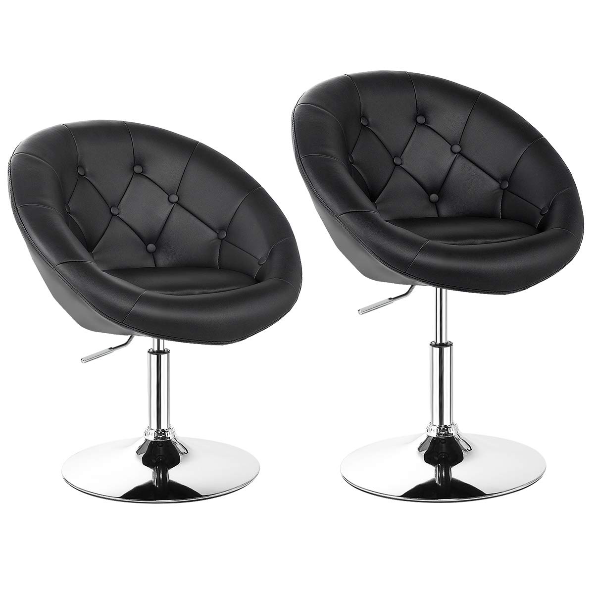 COSTWAY Vanity Chair Set of 2 - Adjustable Height Modern Makeup Stool with Chrome Frame & Tufted Round Back - Swivel Accent Chair for Bedroom, Dressing Room, Lounge, Pub, Bar - Black