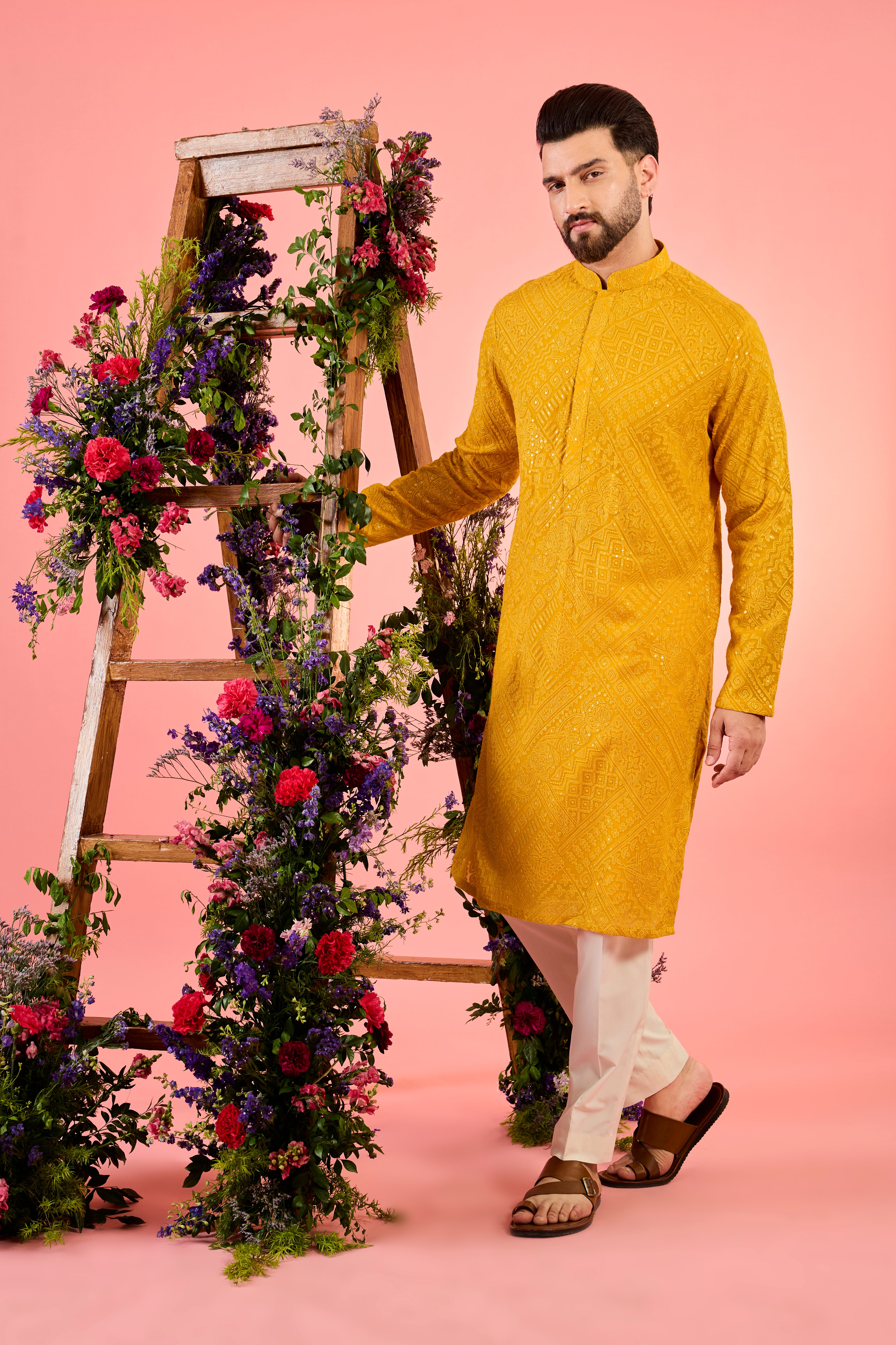 Mustard Classic Chikankari Kurta with Sequin Work - Elegant Indian Embroidered Tunic for Women - Perfect for Festivals, Weddings & Casual Wear