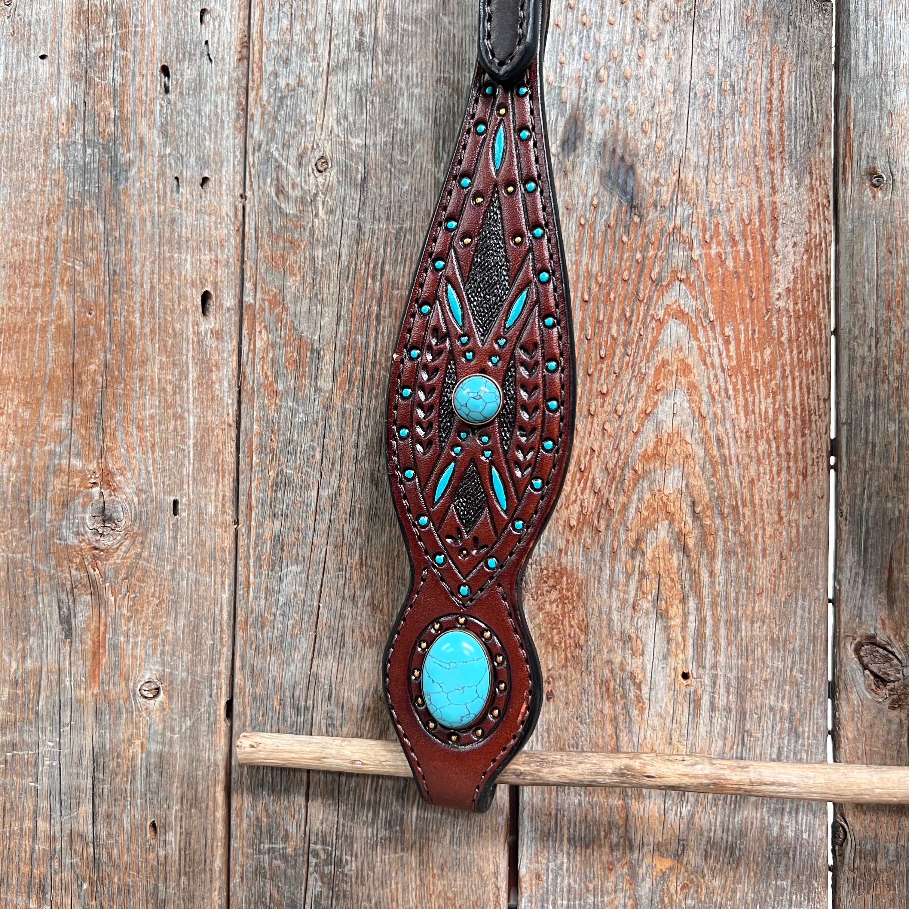 Hand-Painted Turquoise Cabochon Dark Oil Leather Ear & Breastcollar Tack Set #OEBC584 – Perfect for Western Horse Riding & Show Competitions
