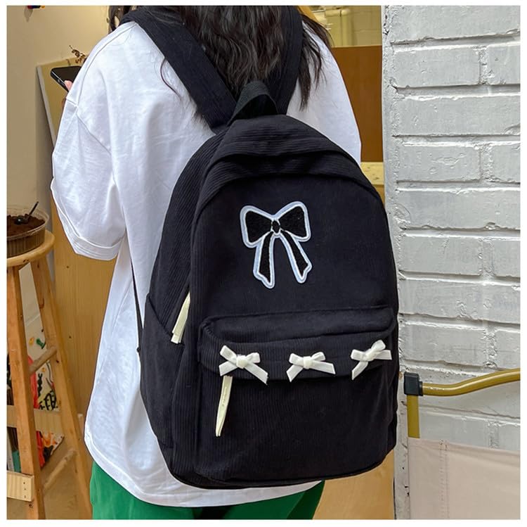 Stylish Y2K Aesthetic Corduroy Laptop Backpack for Women - Cute Preppy College Daypack with Bow Detail (Black) - Perfect for School, Work & Travel