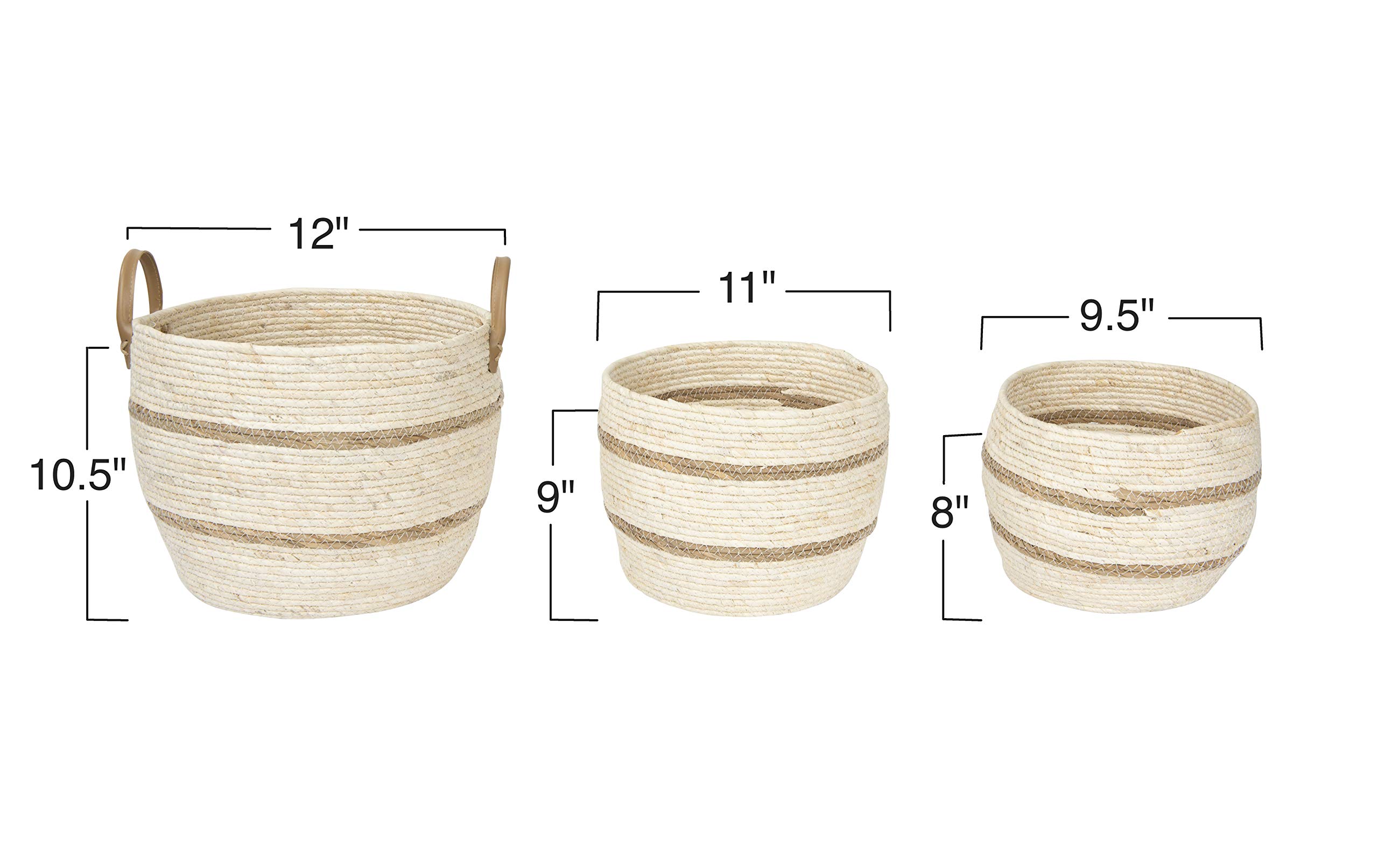 Creative Co-Op Set of 3 Beige & Brown Wicker Storage Baskets with Leather Handles - Small Medium Large Sizes for Home Organization, Bathroom, Bedroom & Office Decor