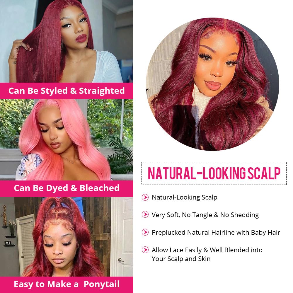 Burgundy Body Wave Lace Front Wigs Human Hair 200% Density HD Transparent 13x4 99J Glueless Frontal Wig with Baby Hair - 24 Inch Wine Red Wigs for Women | Brazilian Virgin Hair Colored Wig for Daily Wear, Parties & Special Occasions