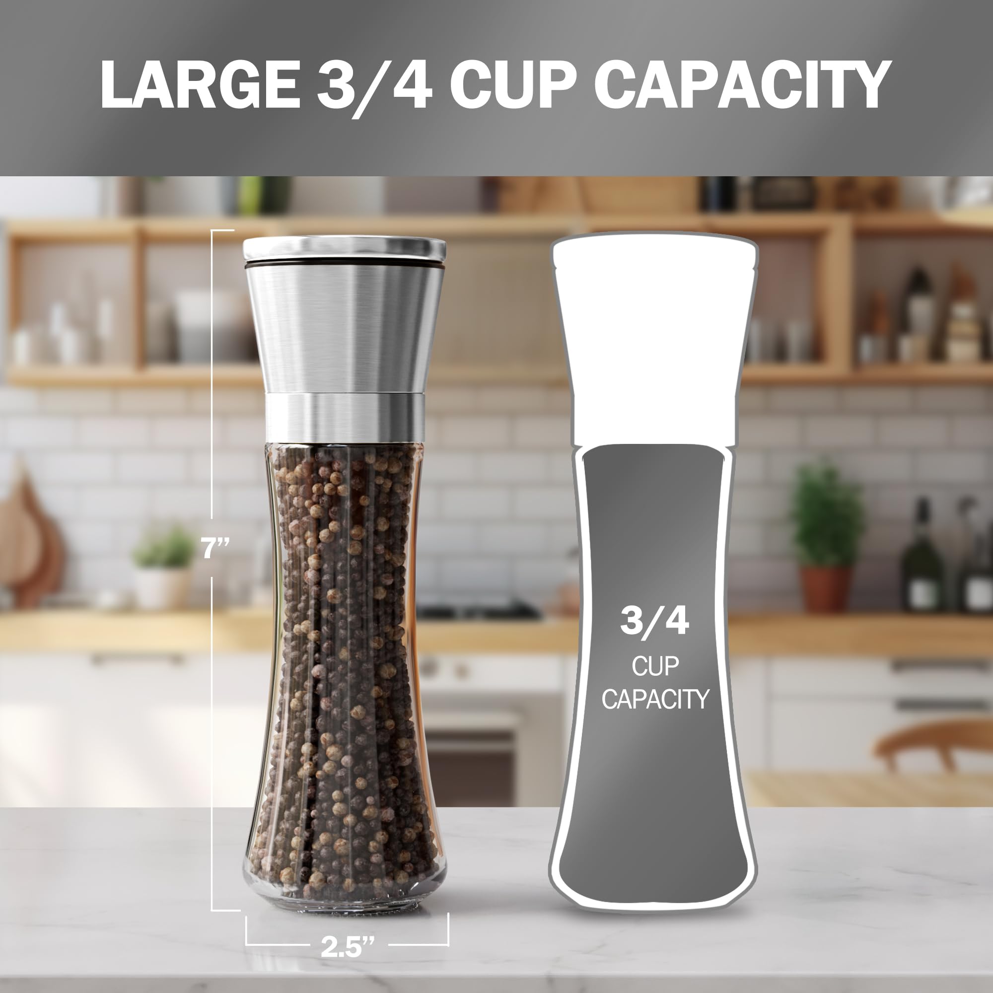 Premium Stainless Steel Salt and Pepper Grinder Set of 4 - Adjustable Ceramic Core, Tall Glass Spice Shakers - Modern Kitchen Essential with Free Funnel & EBook - Perfect for Cooking, Dining, and Gourmet Seasoning