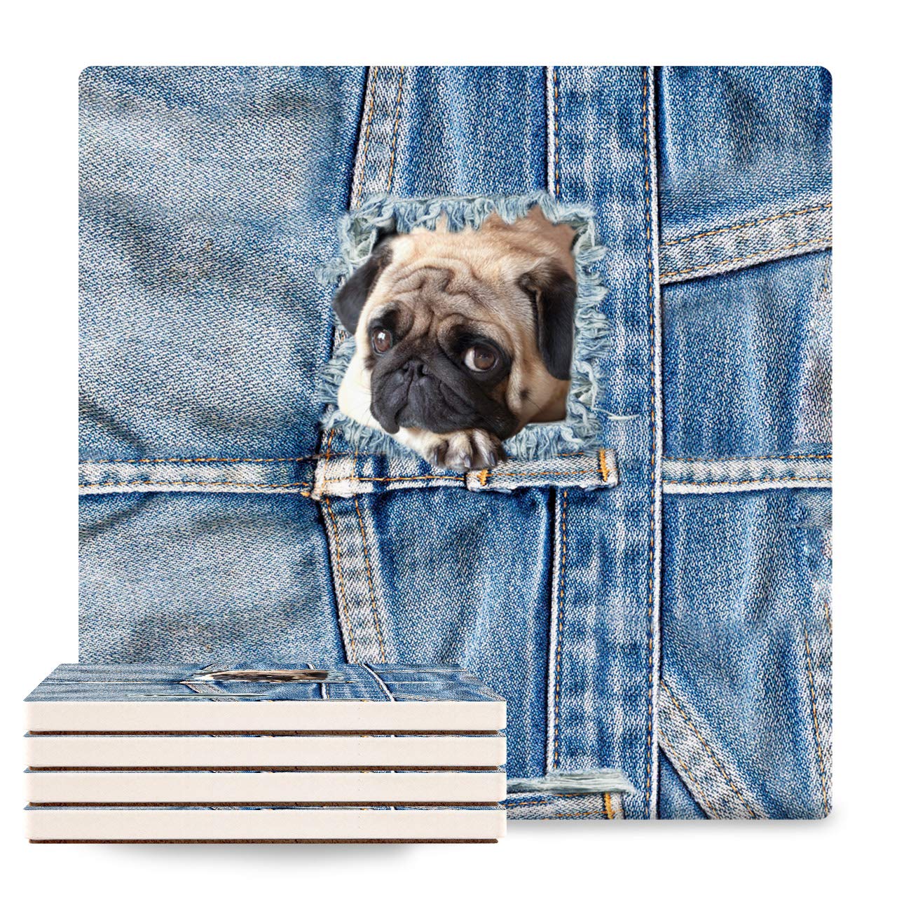 6-Piece Square Ceramic Drink Coasters Set with Cork Base - Absorbent Stone Coasters for Hot & Cold Beverages - Cute Cowboy Pug Dog Design - Perfect for Home, Office, Bar, and Party Use