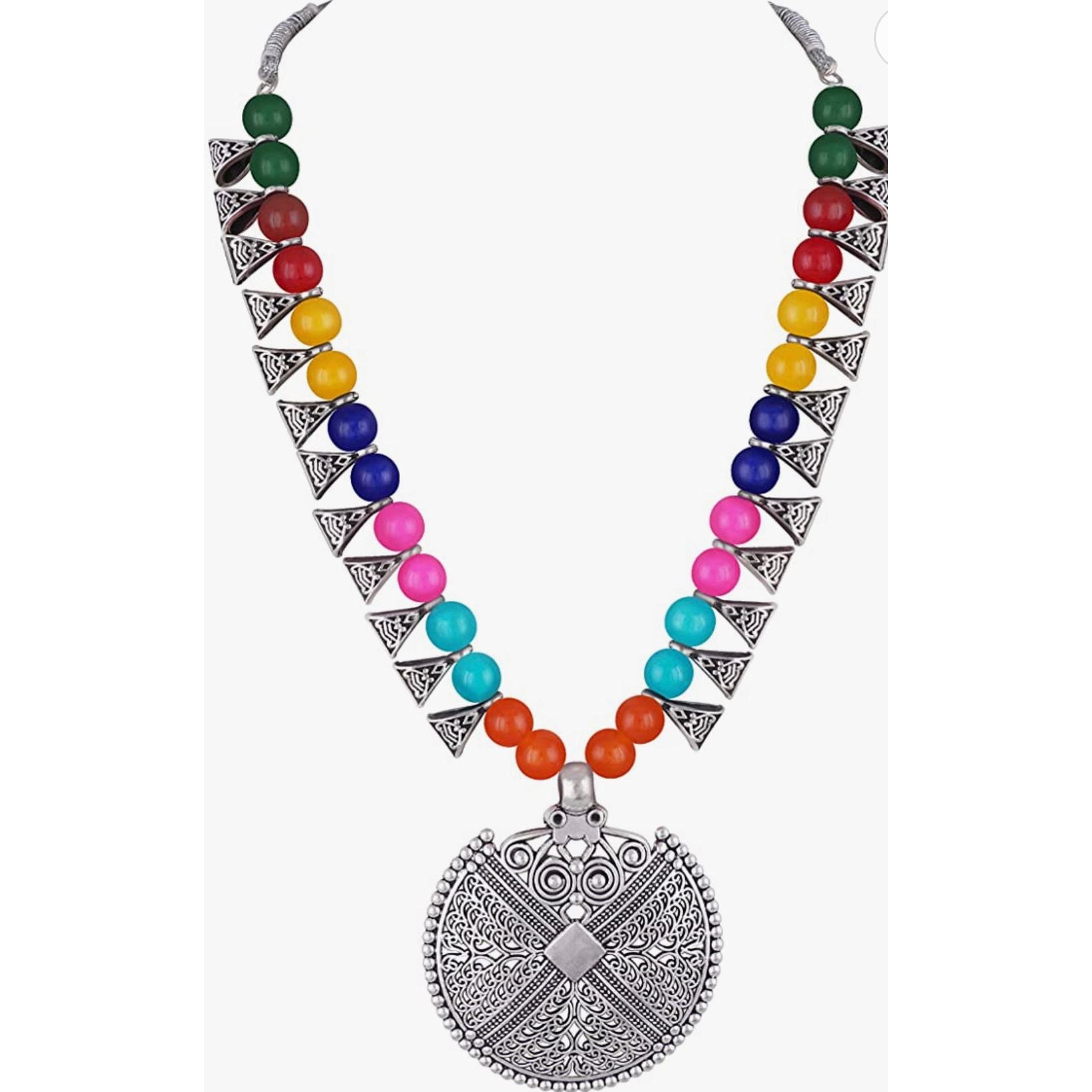 German Silver Oxidized Beaded Choker Necklace Set - Adjustable Thread for Boho, Vintage & Festival Jewelry - Perfect for Parties, Weddings & Everyday Wear