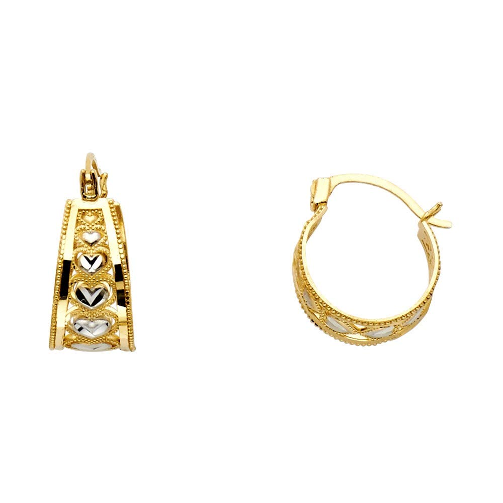 14K Yellow Gold and White Gold Heart Hoop Earrings for Women - 13x13mm Romantic Jewelry Gift for Valentine's Day, Anniversary, Birthday - Perfect for Date Night, Wedding, Special Occasions