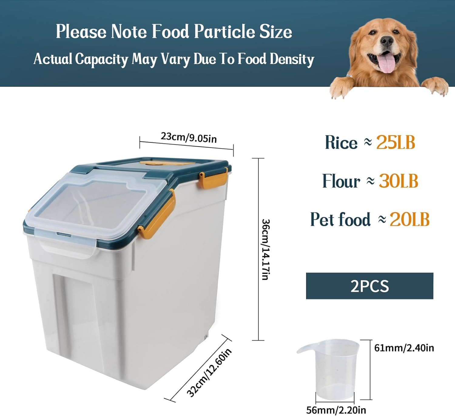 2-Pack 25Lb Large Airtight Food Storage Containers with Wheels & Locking Lid - BPA-Free Flour, Rice, Grain Bin with Measuring Cup & Scoop - Ideal for Kitchen Pantry Organization & Bulk Food Storage (Blue)
