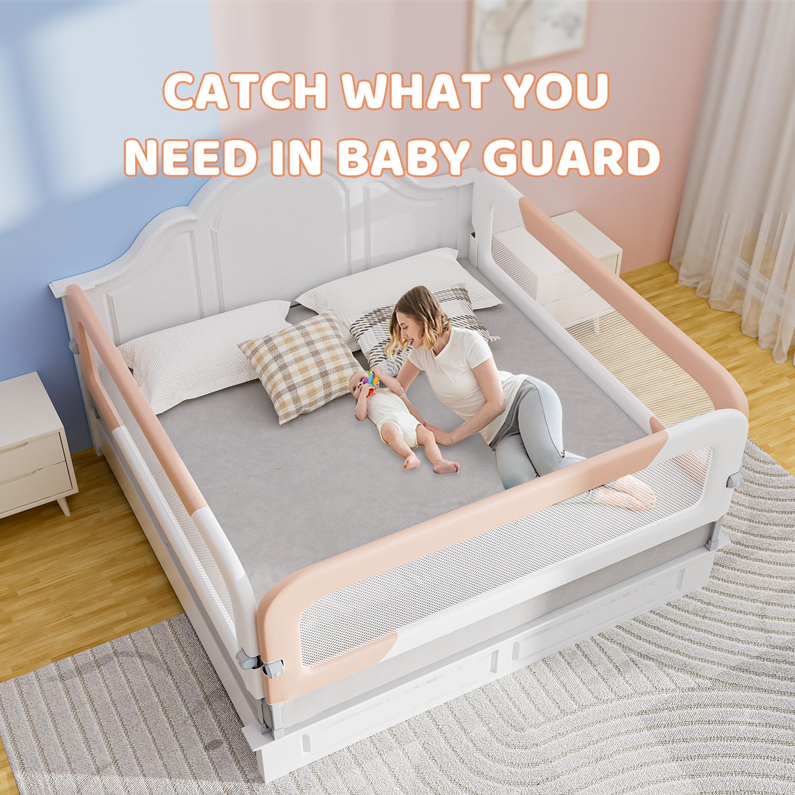 Omzer Adjustable & Foldable Bed Rails for Queen Size Beds - 3 Pack Safety Bed Guard Rail for Toddlers & Babies (78.7x78.7x59 Inches) - Perfect for Childproofing and Preventing Falls During Sleep