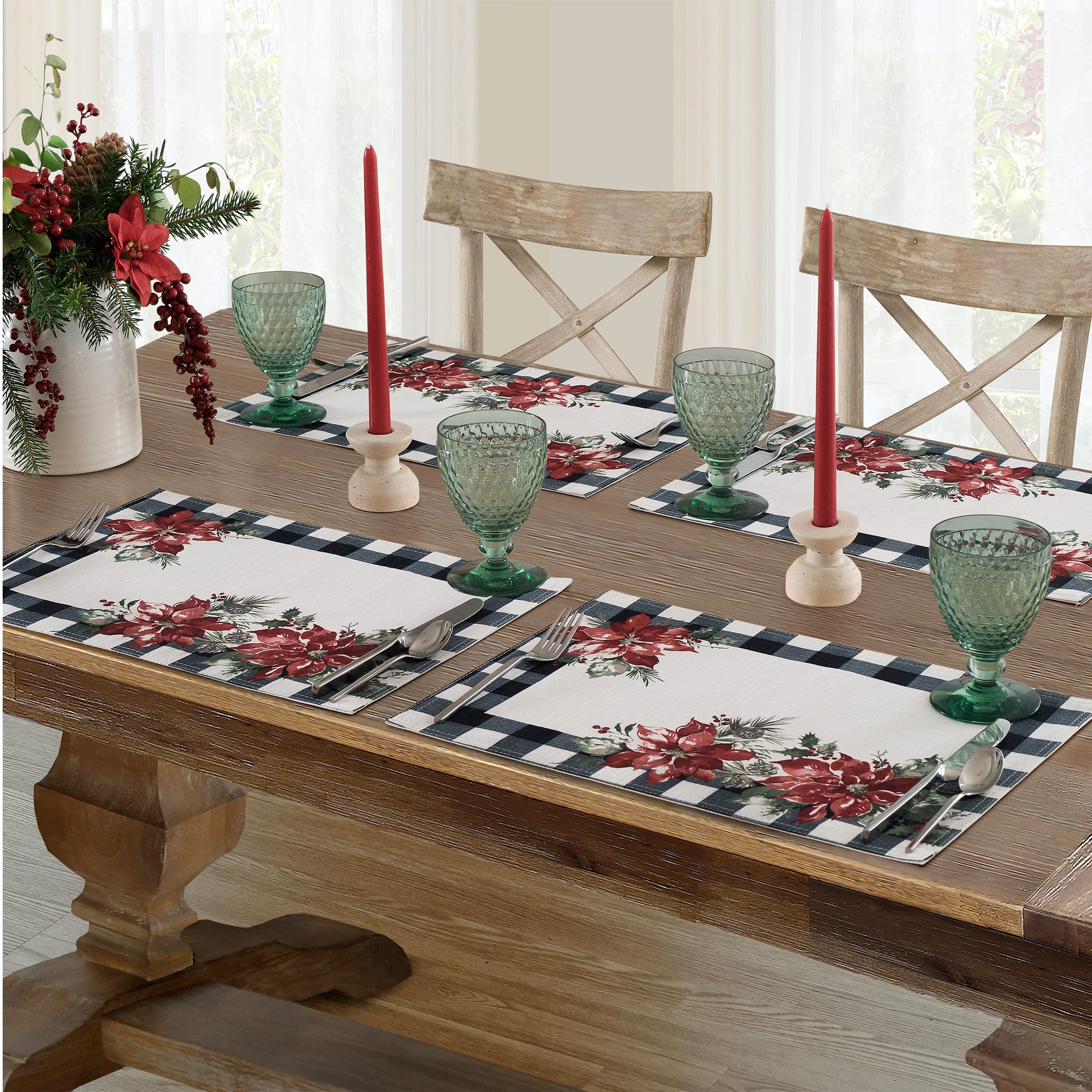 Festive Christmas Fabric Placemats Set of 4 - Newbridge Poinsettia Gingham Bordered Holiday Table Mats, Country Cottage Print, Easy Care & Stain Resistant - Perfect for Holiday Dinners, Parties & Seasonal Decor