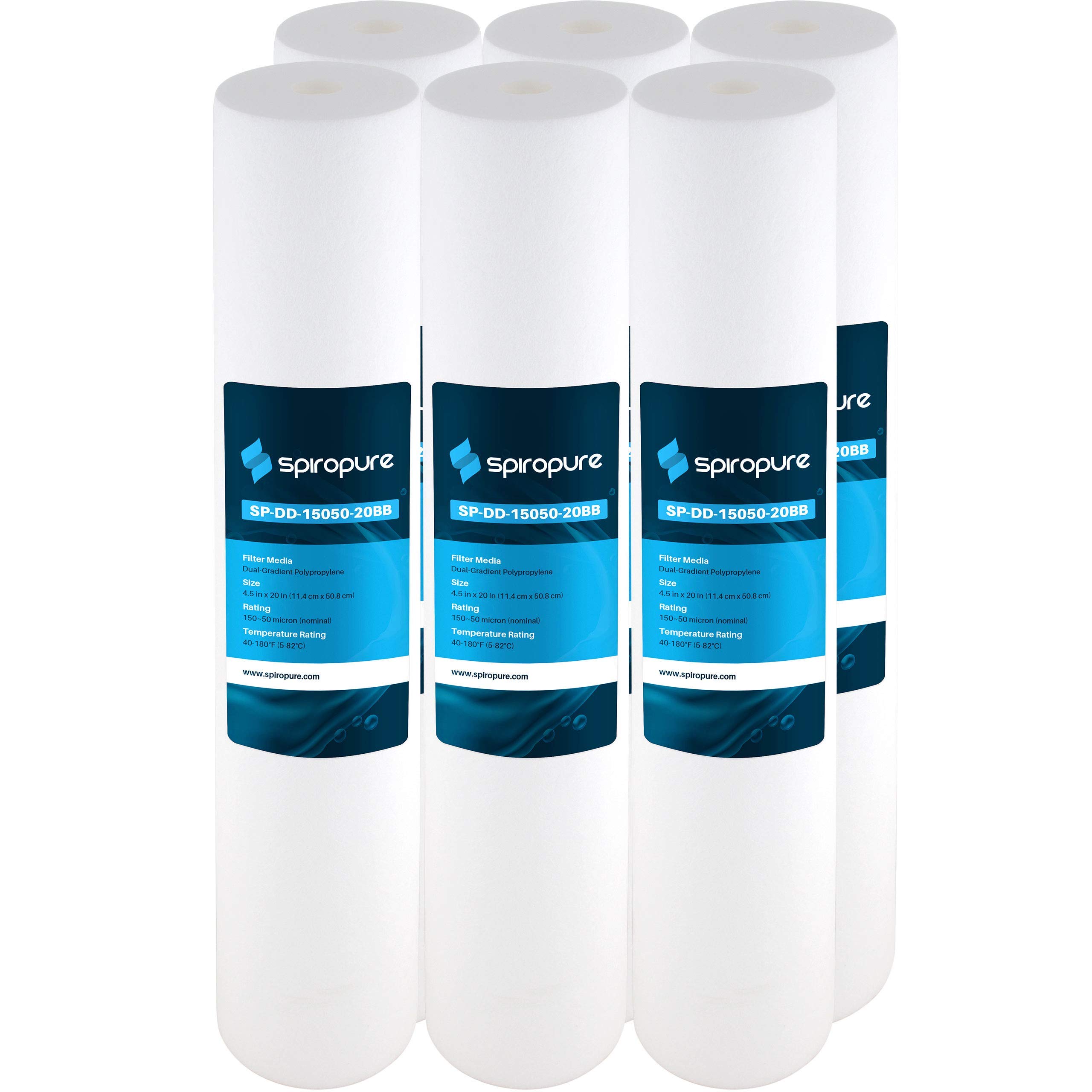 SpiroPure SP-DD-15050-20BB 20x4.5 Inch 50 Micron Spun Melt-Blown Polypropylene Water Filter Cartridge (Case of 6) - Perfect for Under Sink, Refrigerator & Whole House Water Filtration Systems