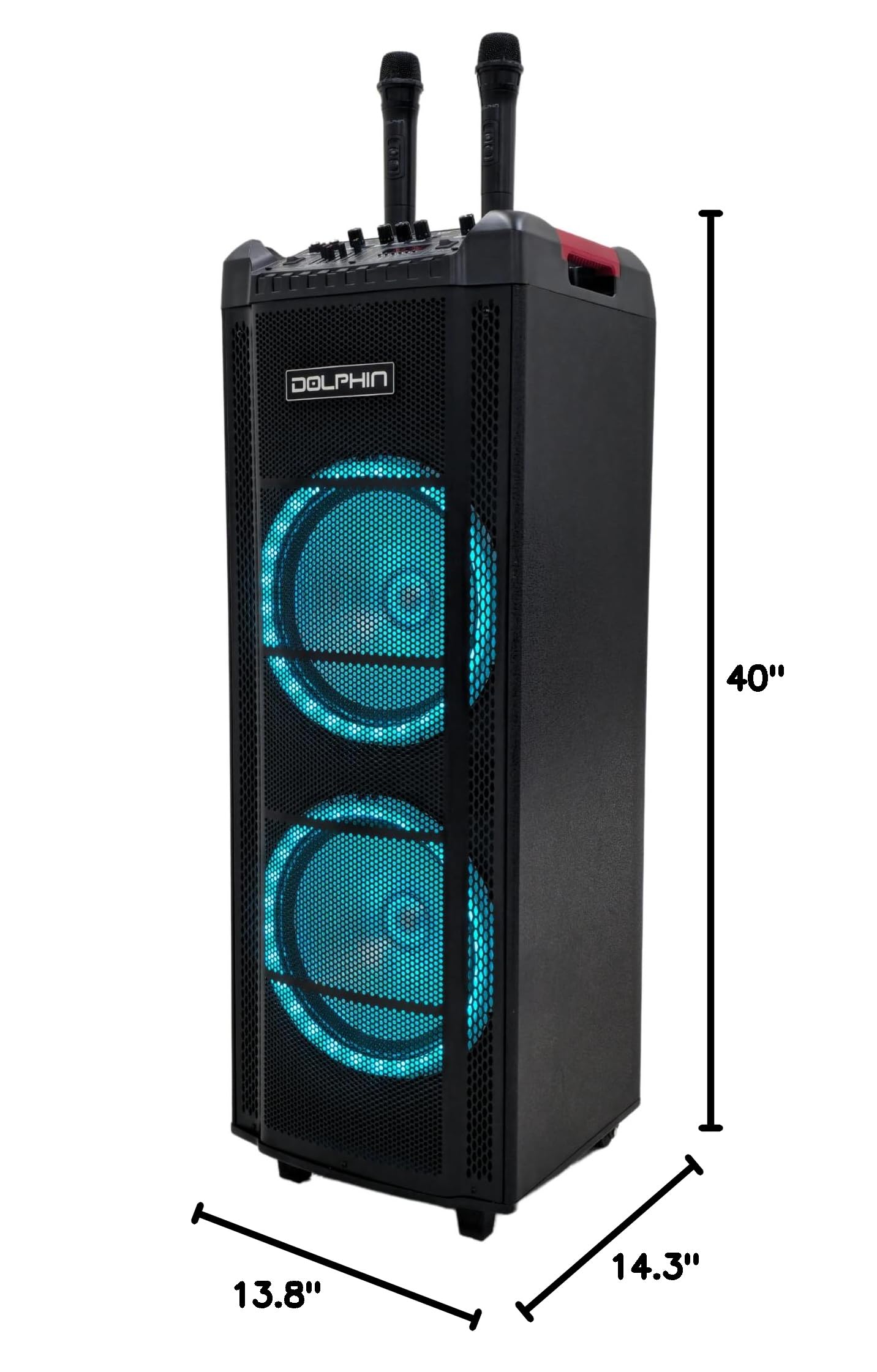 Dolphin SP-2130RBT Dual 12” Rechargeable Bluetooth Karaoke Speaker with 2 Wireless Mics & LED Lights - Portable PA System for Home Parties, Outdoor Singing & Events