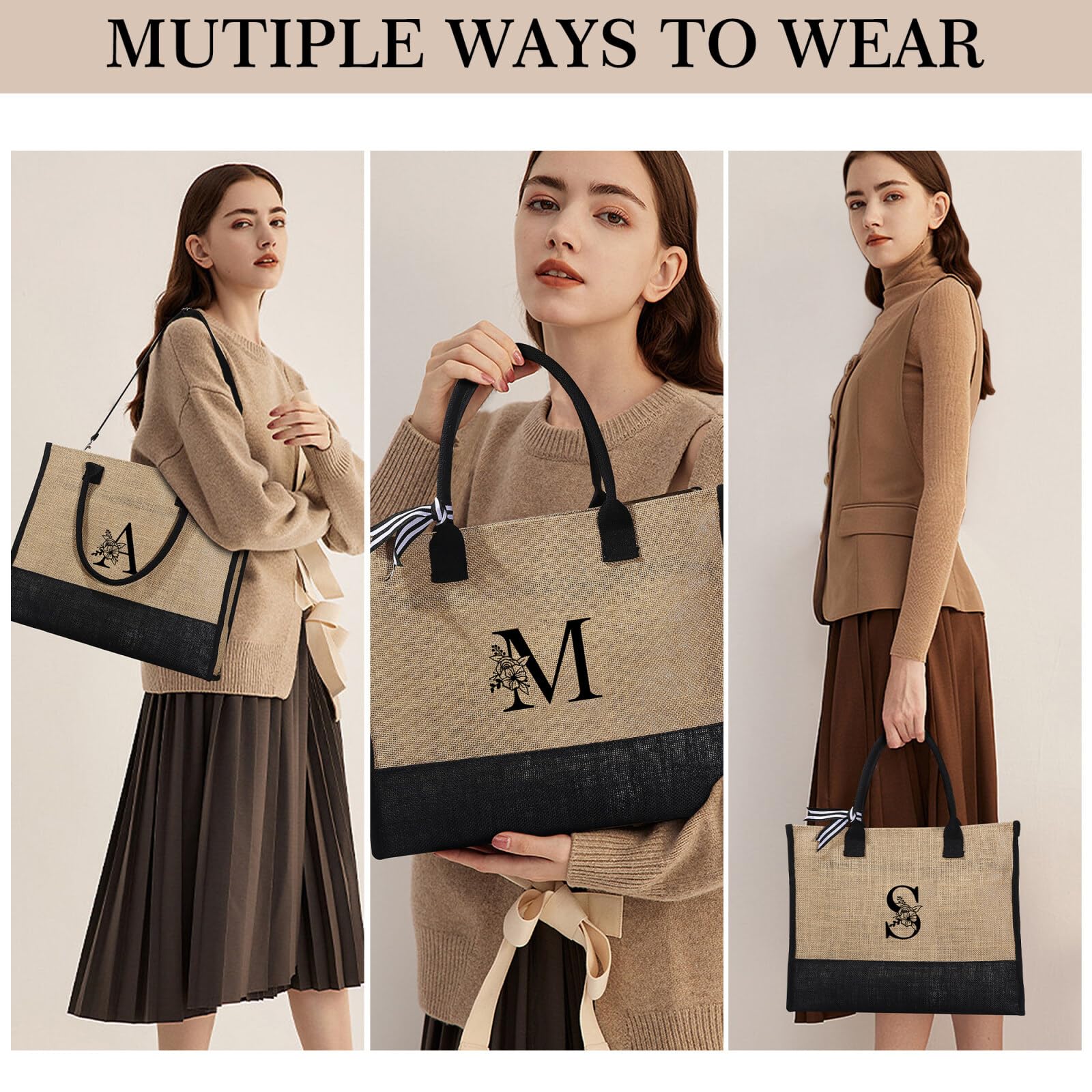 Personalized Jute Tote Bag with Zipper - Monogram Makeup Bag for Women, Perfect Birthday Gift & Friend Present for Daily Use