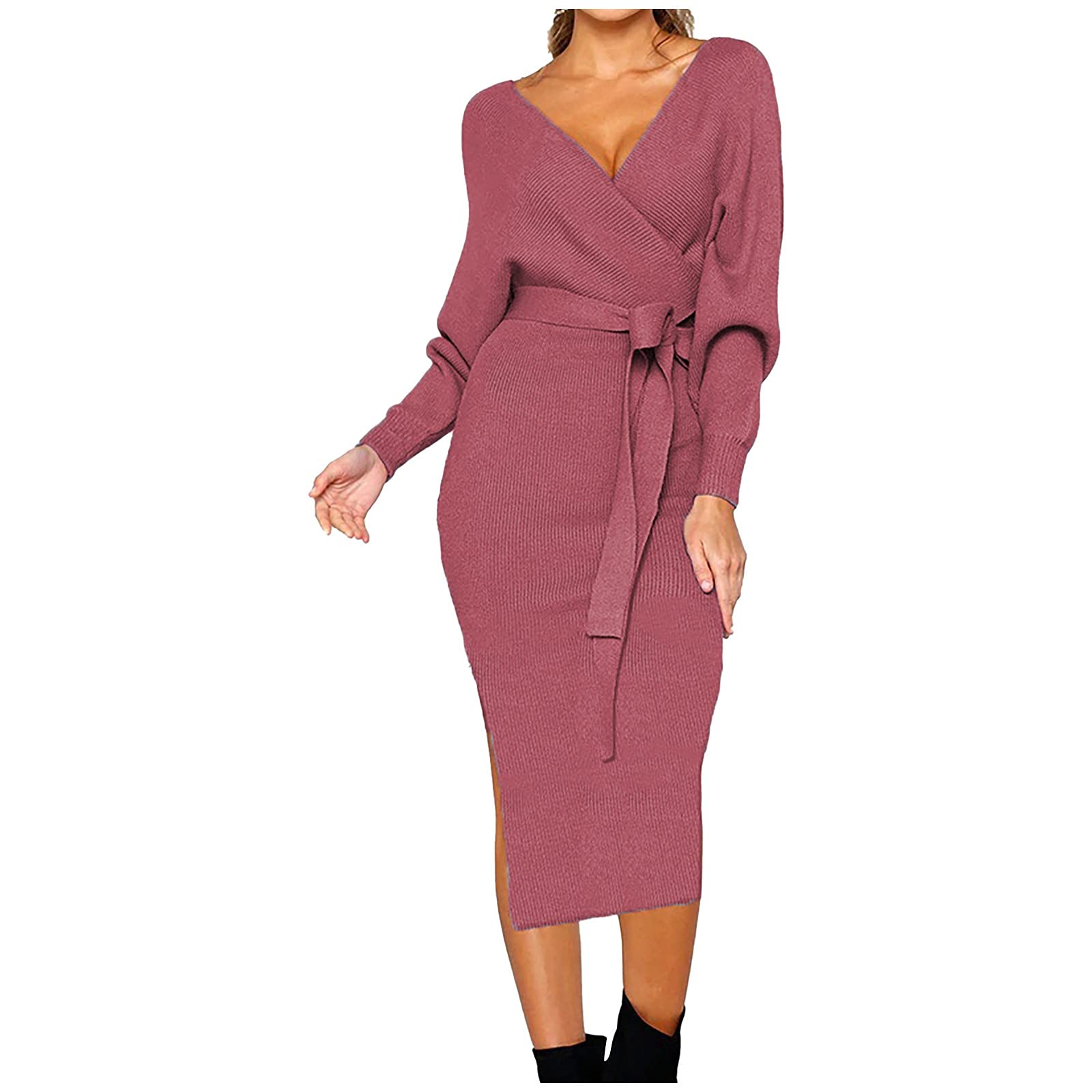 Elegant Women's V-Neck Wrap Sweater Dress - Long Sleeve Knit Midi Dress with Belt for Fall & Winter | Perfect for Office, Date Night & Holiday Parties