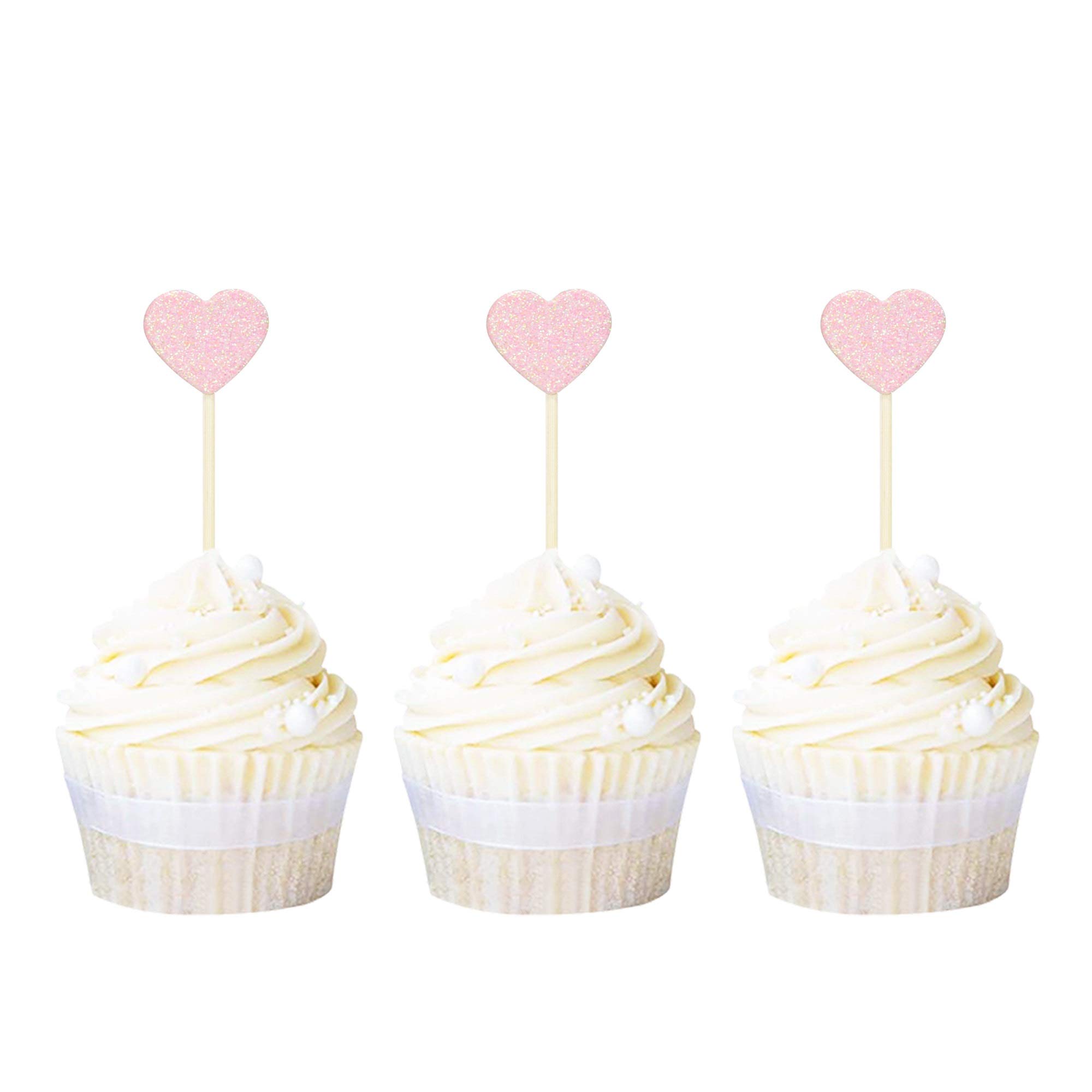 Ercadio 40 PCS Light Pink Glitter Heart Cupcake Toppers - Love Theme Cupcake Picks for Wedding, Bridal Shower, Birthday Party, Baby Shower & Anniversary Cake Decorations - Perfect for Romantic Celebrations and Sweet Treats