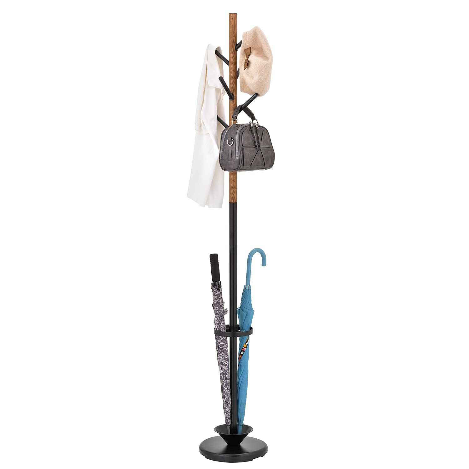 MyGift Freestanding Metal Coat Rack with 6 Wooden Hooks - Sturdy Entryway Organizer for Jackets, Hats & Umbrellas - Perfect for Hallway, Foyer or Mudroom Storage