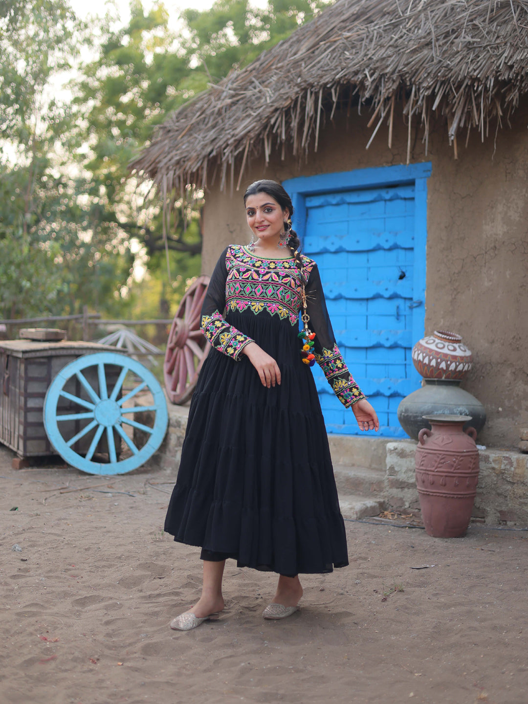 Premium Black Faux Blooming Gown with Embroidery for Navratri Festival - Perfect for Traditional Celebrations, Weddings & Cultural Events
