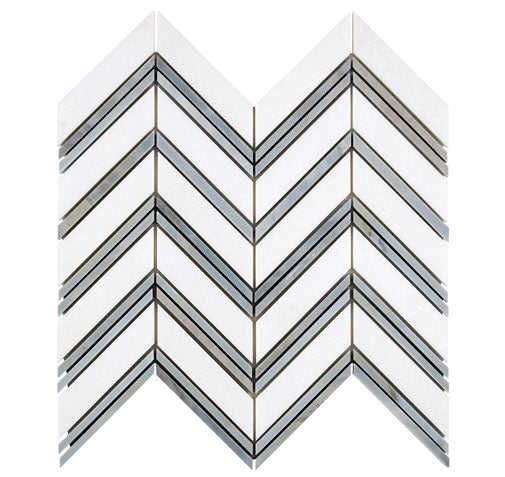 White Thassos Marble Chevron Blue Mosaic Tile - Premium Natural Stone Wall & Floor Decor for Bathroom, Kitchen Backsplash, and Fireplace