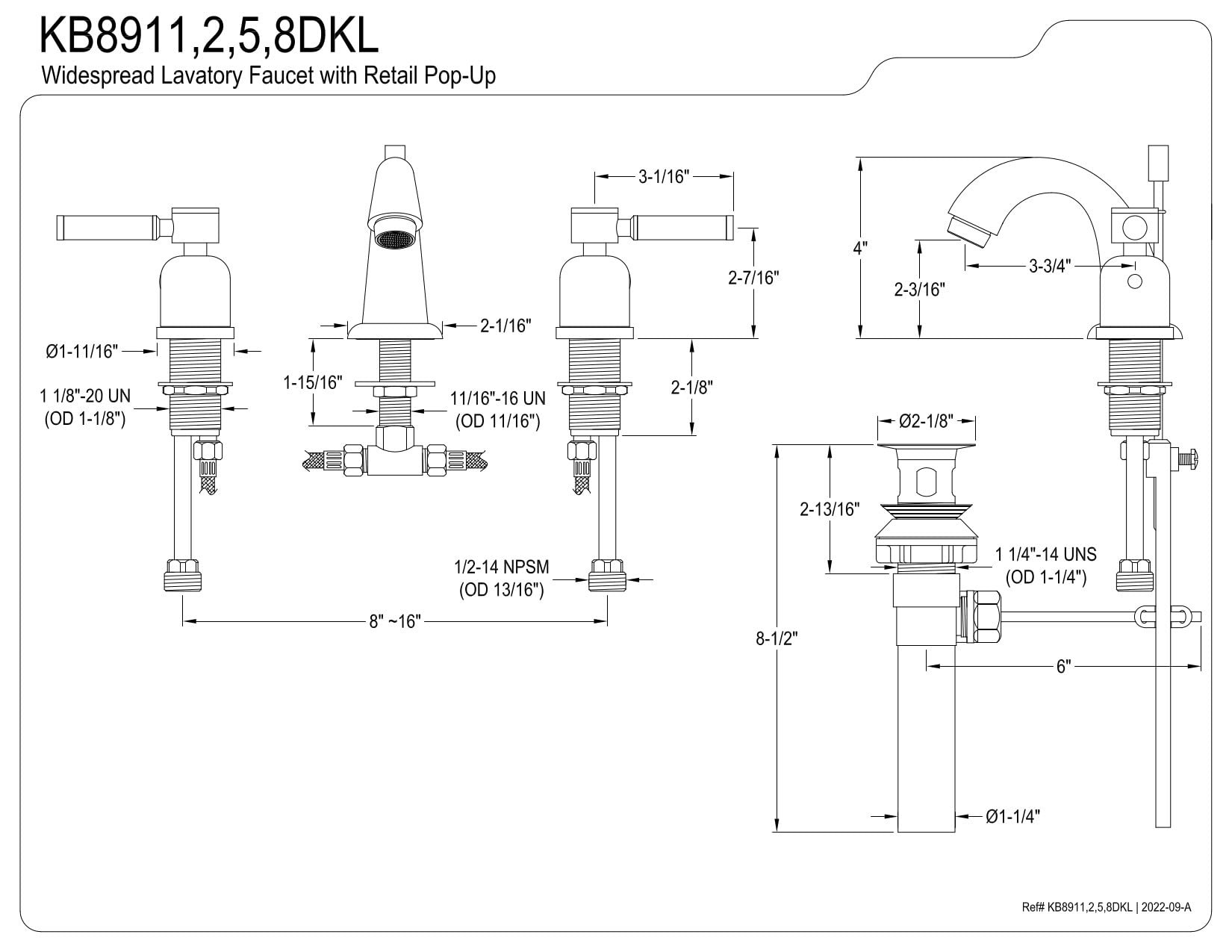 Kingston Brass KB8918DKL Kaiser 4 to 8 Inch Mini Widespread Bathroom Faucet with Pop-Up Drain, Brushed Nickel Finish - Perfect for Small Vanities and Powder Rooms