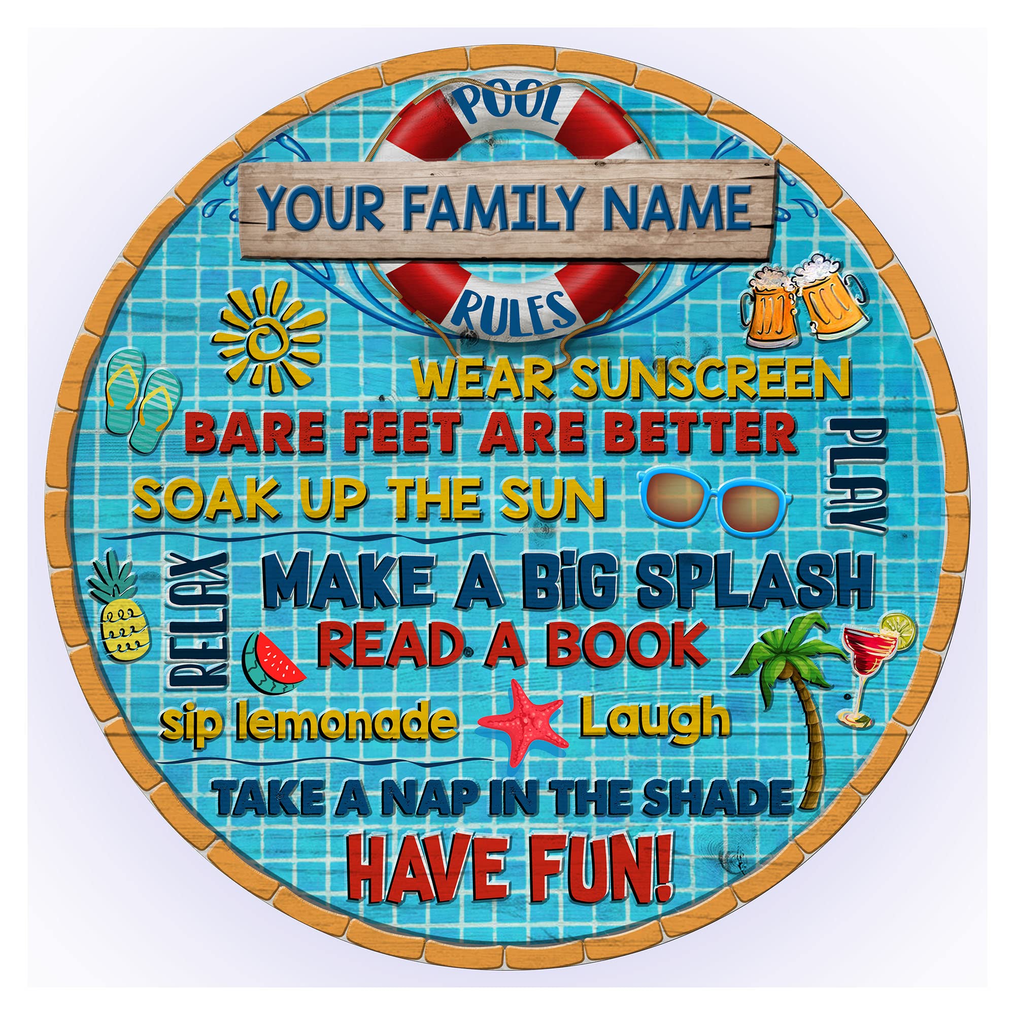 Custom Pool Rules Wood Sign with Your Family Name - 12'' & 18'' Diameter Options - Perfect for Backyard, Patio, Beach Bars & Outdoor Decor