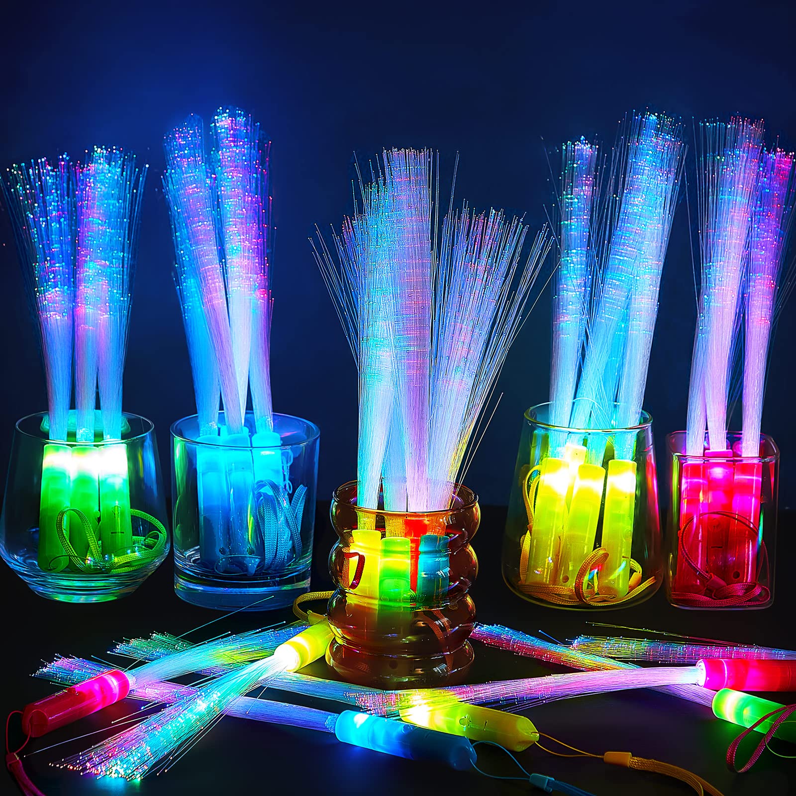 Lewtemi 300 Pcs Glow Fiber Optic Wand LED Flashing Sticks - Colorful Battery Operated Light Up Party Favors for Raves, Concerts, Nightclubs & Birthday Celebrations