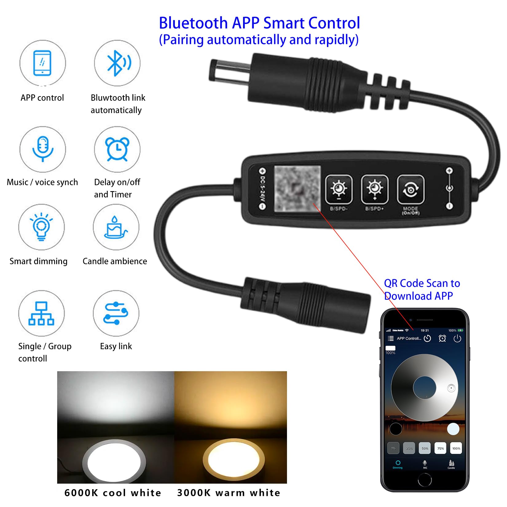 6-Pack Bluetooth Smart Puck Lights with APP Control - Dimmable Under Cabinet Lighting, 12V DC Adapter, Warm White - Perfect for Kitchen, Closet, and Shelf Illumination